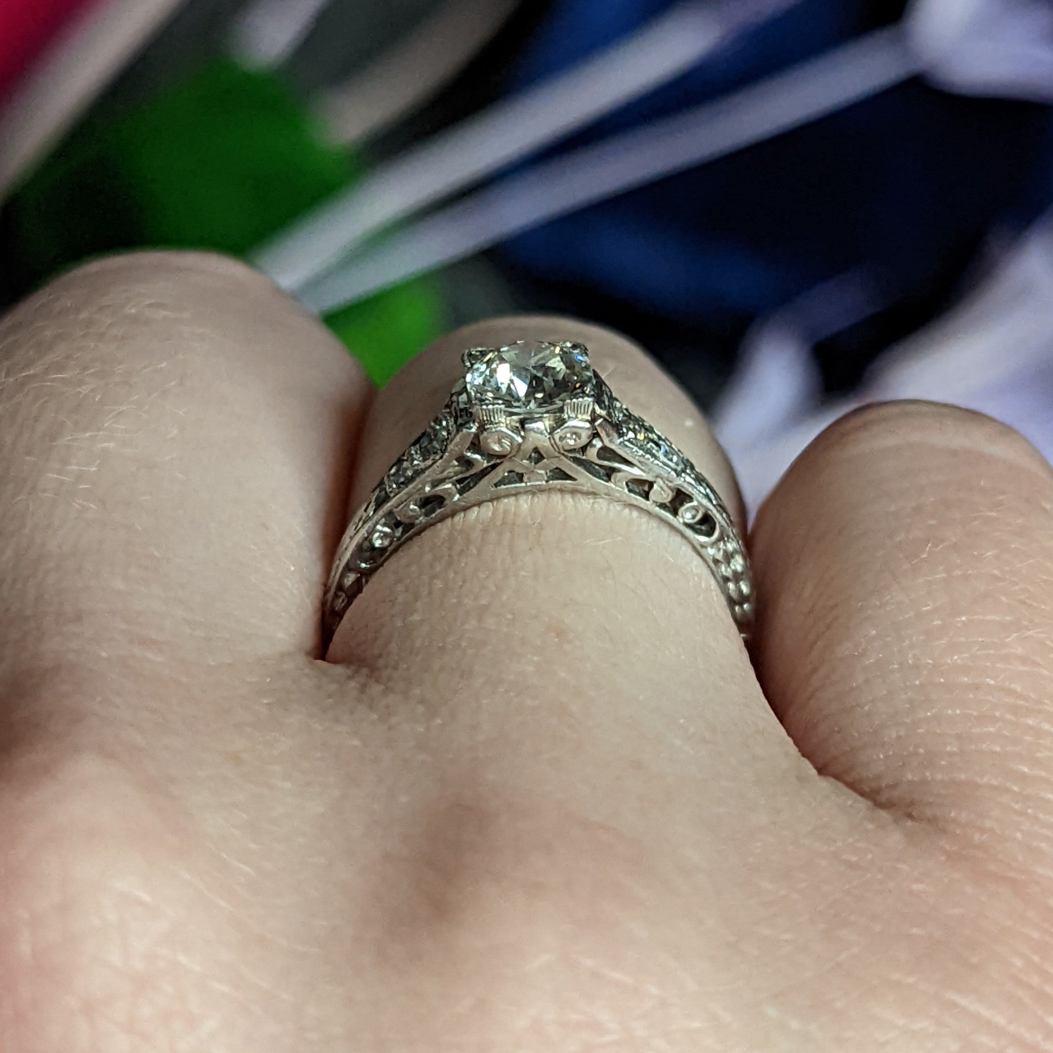 Art Deco 0.67 CTW Diamond Platinum Filigree Engagement Ring Wilson's Estate Jewelry