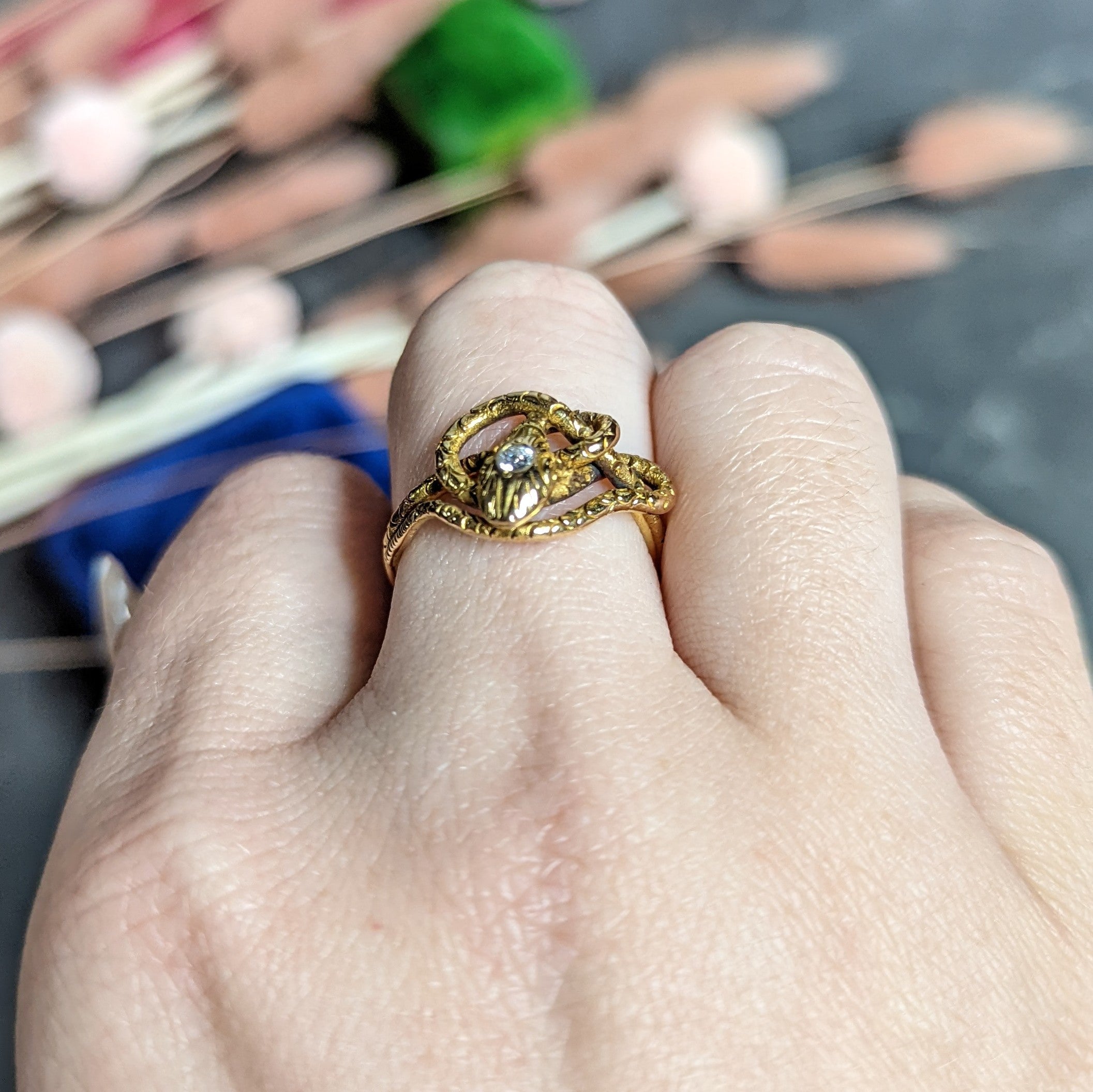 Victorian Diamond 14 Karat Yellow Gold Snake Love Knot Ring Wilson's Estate Jewelry