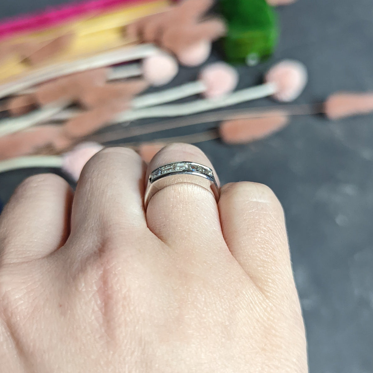 Contemporary 1.03 CTW Square Step Cut Diamond Platinum Stacking Band Ring Wilson's Estate Jewelry