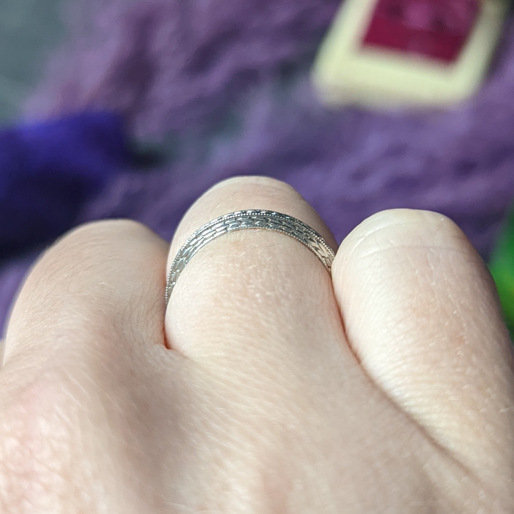 1920's H. Oppenheimer Co. Art Deco Platinum Engraved Wheat Band Ring Wilson's Estate Jewelry