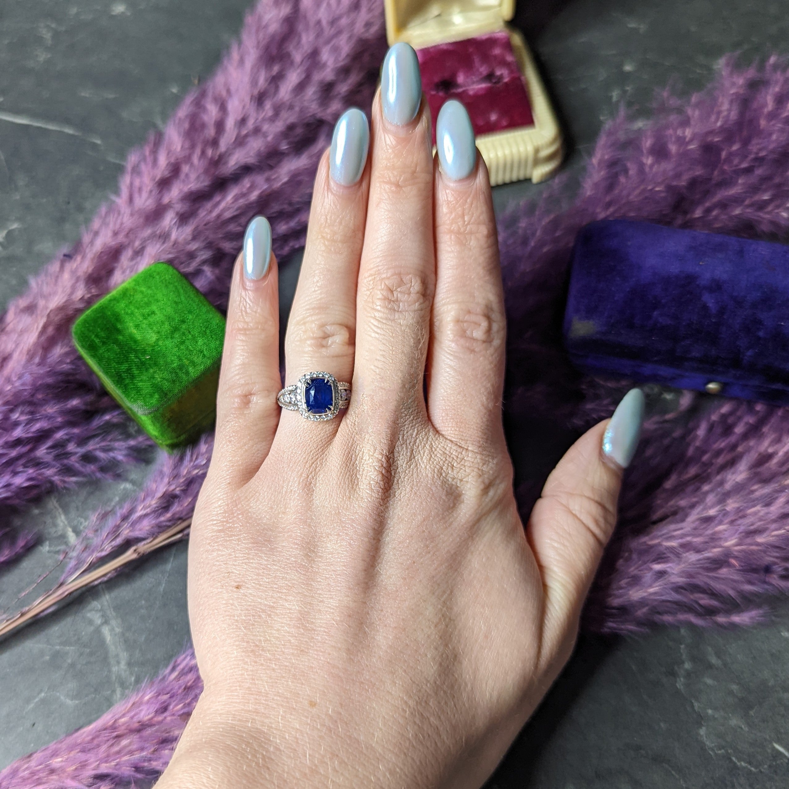 Contemporary 3.60 CTW Sapphire Diamond 18 Karat White Gold Cluster Gemstone Ring Wilson's Estate Jewelry