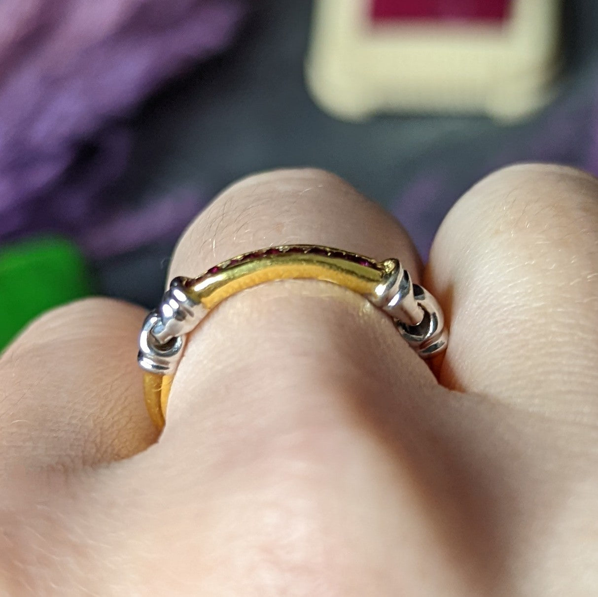 1990's Ruby 18 Karat Two-Tone Gold Channel Band Vintage Ring Wilson's Estate Jewelry