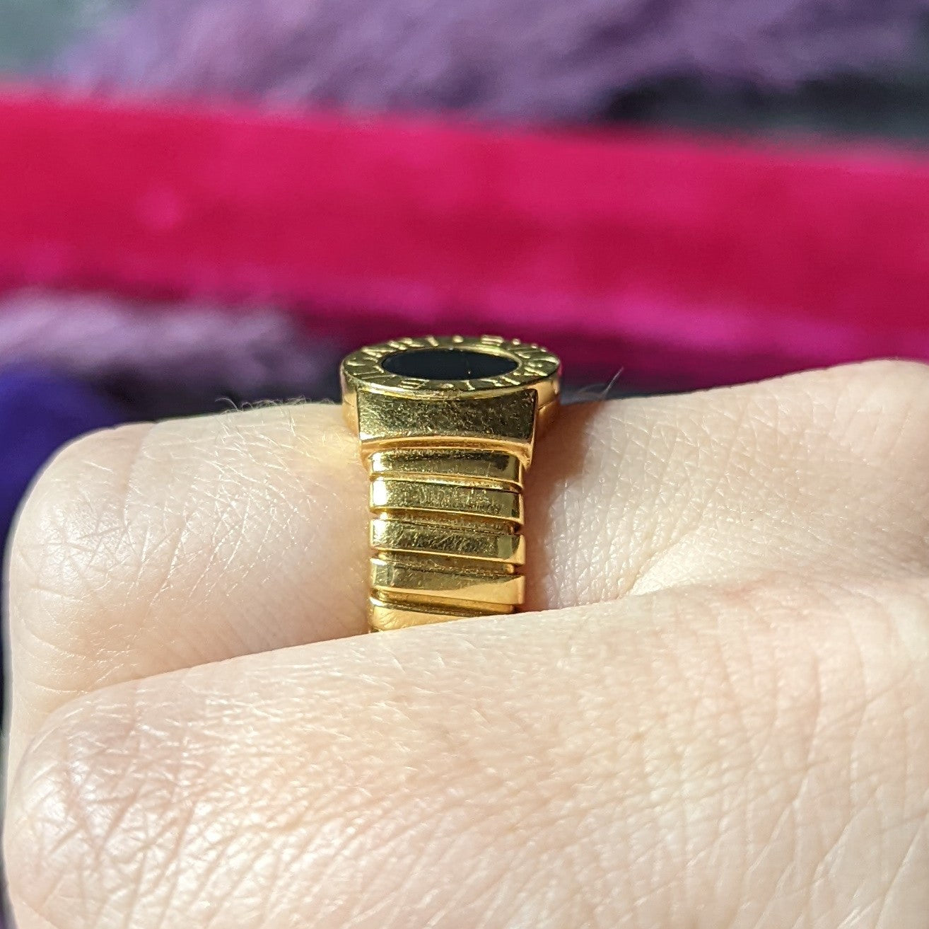 Bulgari Onyx 18 Karat Yellow Gold Tubogas Vintage Ring Wilson's Estate Jewelry