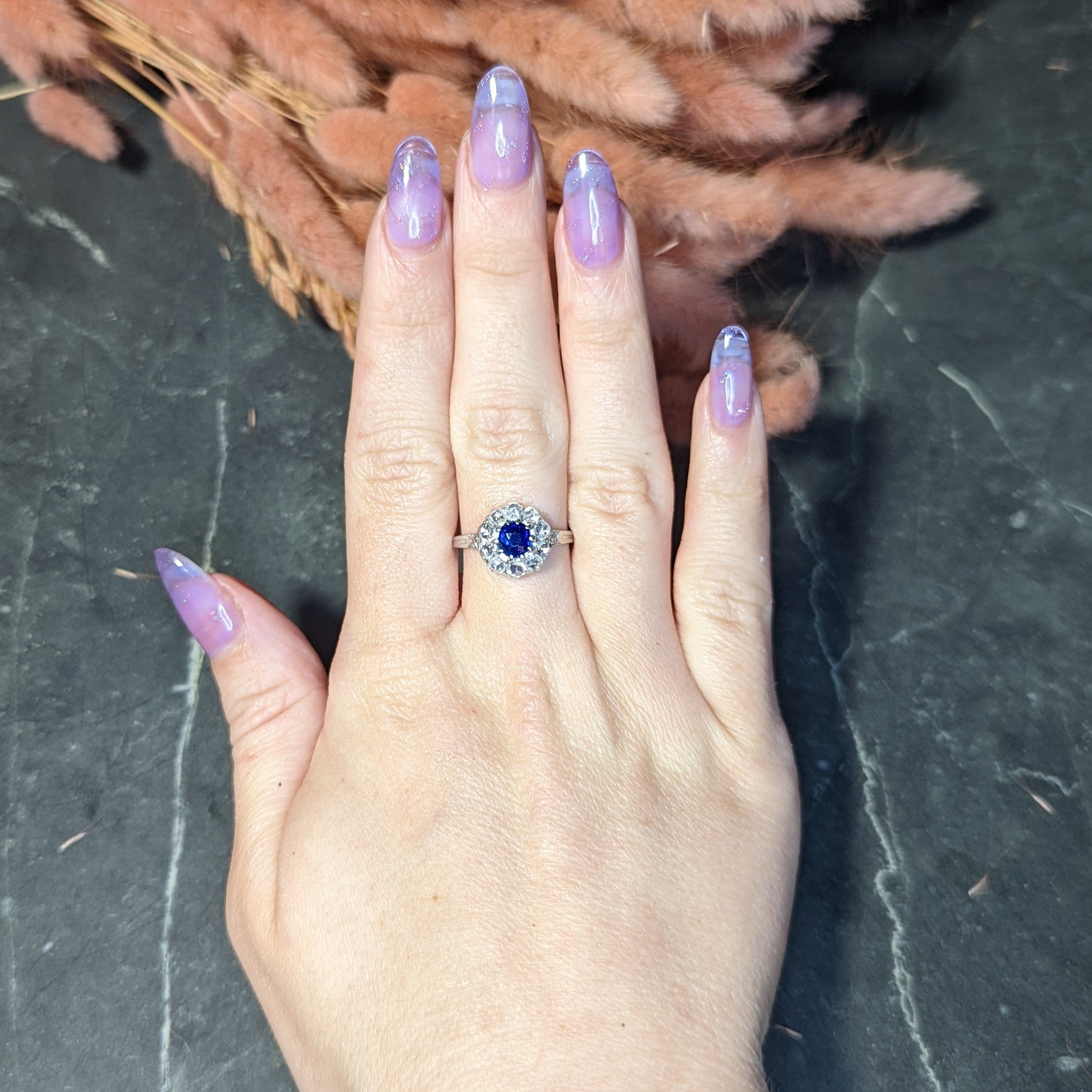 .11111 ##RESHOOT AFTER RHODIUM SH 1910 Edwardian 1.15 CTW Sapphire Rose Cut Diamond Platinum 18 Karat Gold Antique Cluster Ring Wilson's Estate Jewelry