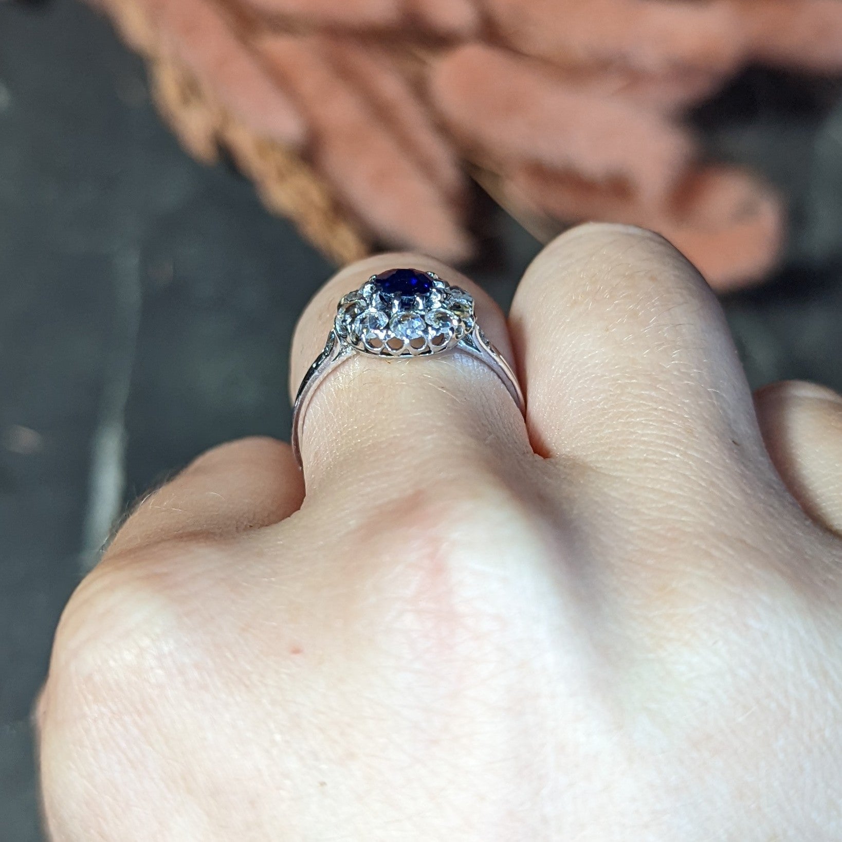 .11111 ##RESHOOT AFTER RHODIUM SH 1910 Edwardian 1.15 CTW Sapphire Rose Cut Diamond Platinum 18 Karat Gold Antique Cluster Ring Wilson's Estate Jewelry