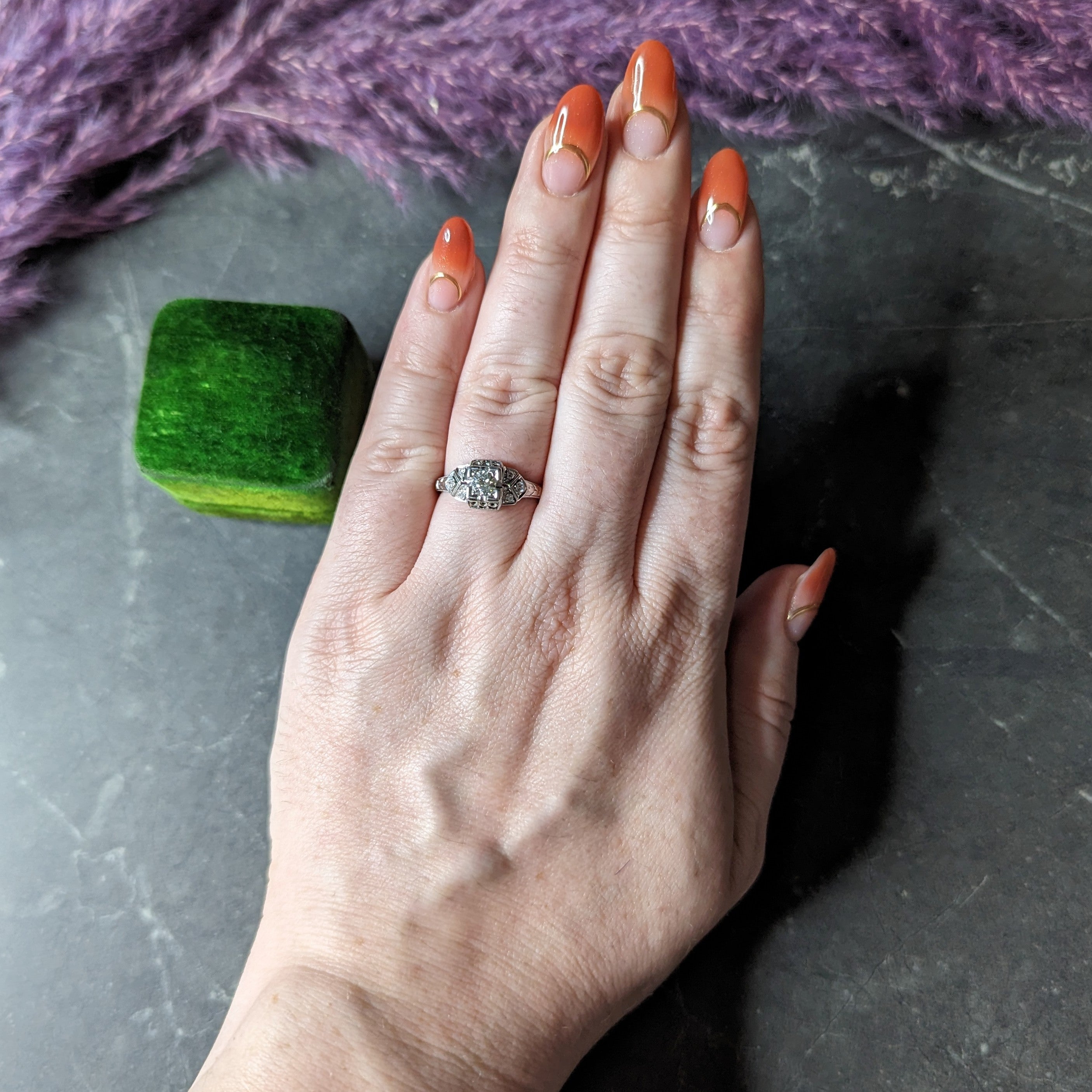 Art Deco 0.25 CTW Old European Cut Diamond 18 Karat White Gold Wheat Engagement Ring Wilson's Estate Jewelry