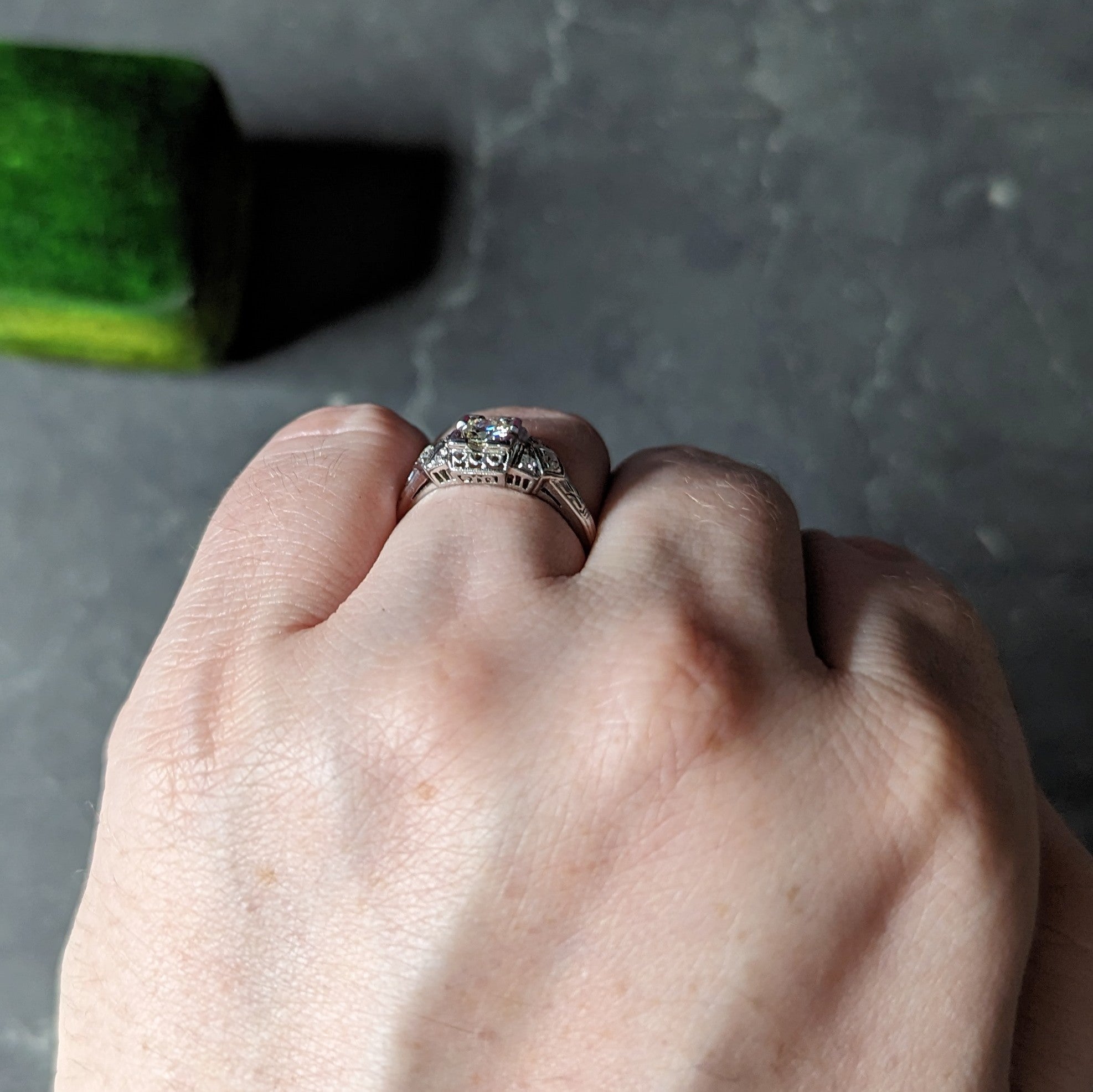 Art Deco 0.25 CTW Old European Cut Diamond 18 Karat White Gold Wheat Engagement Ring Wilson's Estate Jewelry