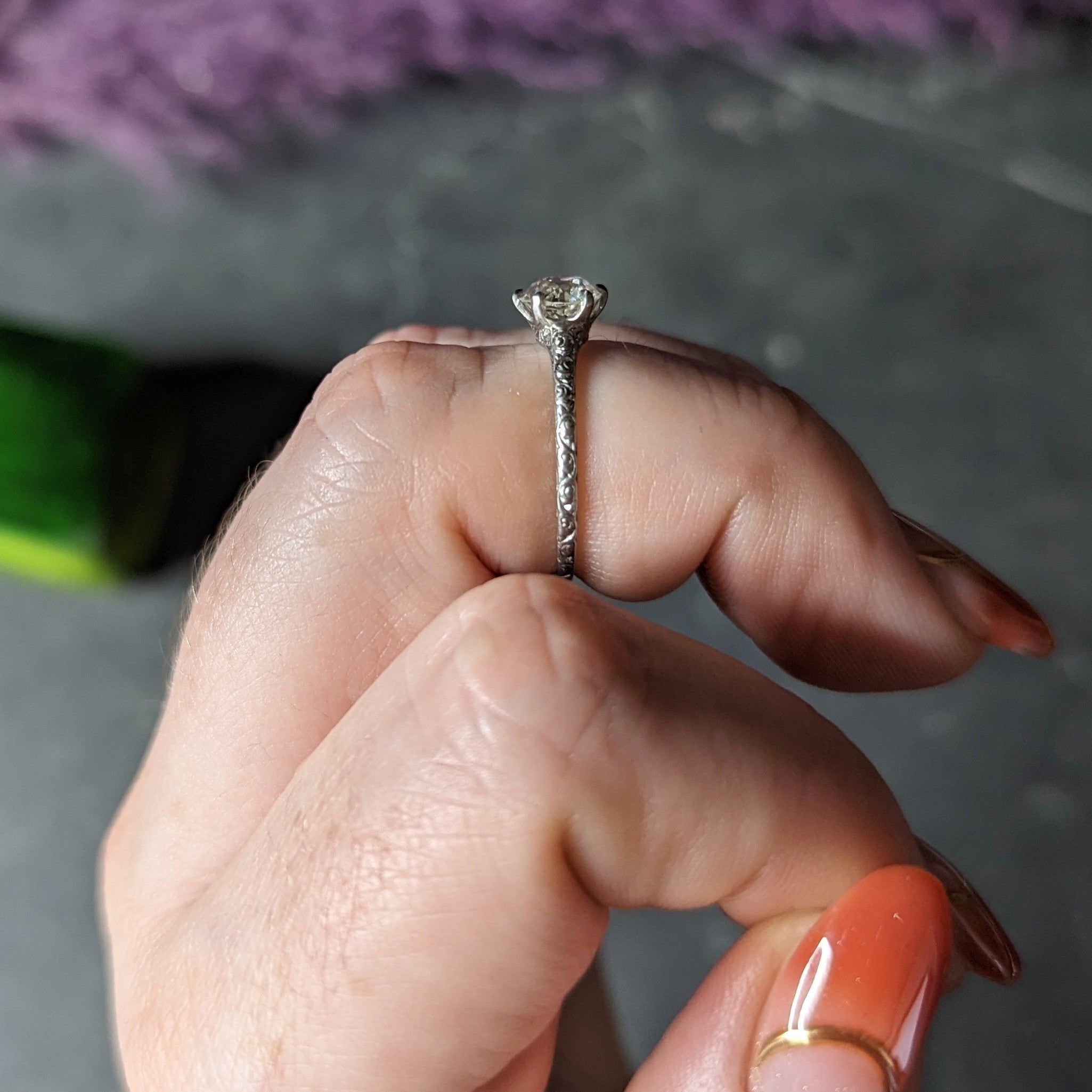 Edwardian 0.85 CTW Old European Cut Diamond Platinum Scrolling Antique Solitaire Engagement Ring Wilson's Estate Jewelry