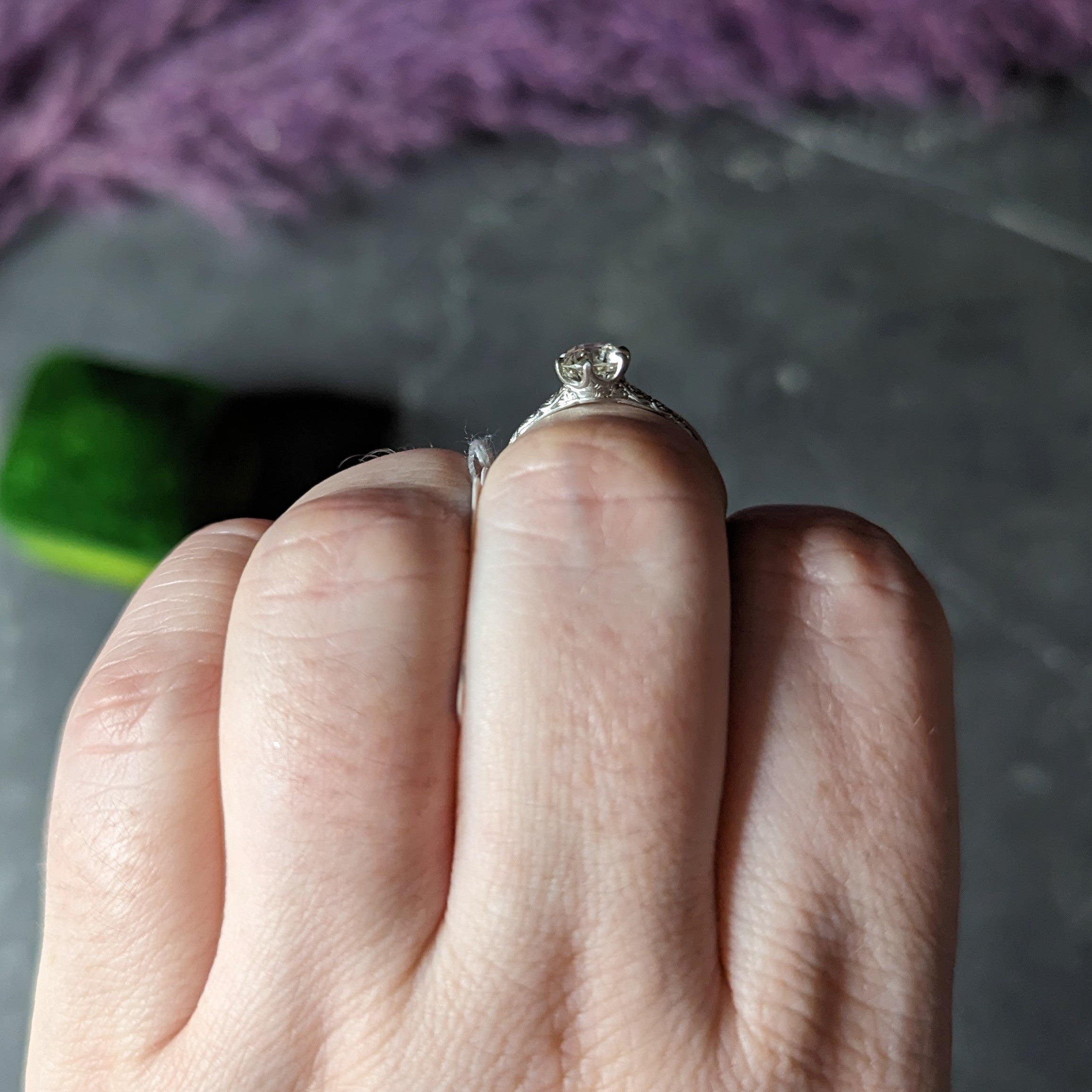 Edwardian 0.85 CTW Old European Cut Diamond Platinum Scrolling Antique Solitaire Engagement Ring Wilson's Estate Jewelry