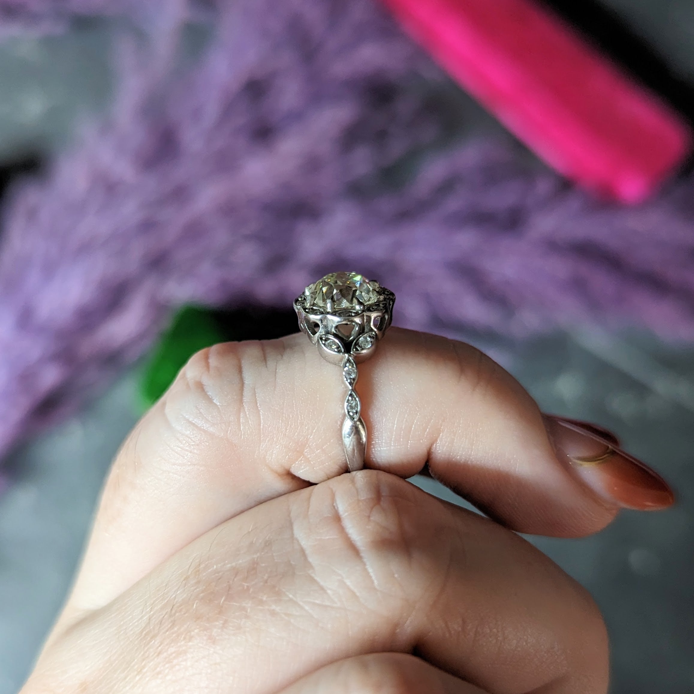 Vintage 2.17 CTW Old Mine Diamond 14 Karat White Gold Flower Cluster Engagement Ring Wilson's Estate Jewelry
