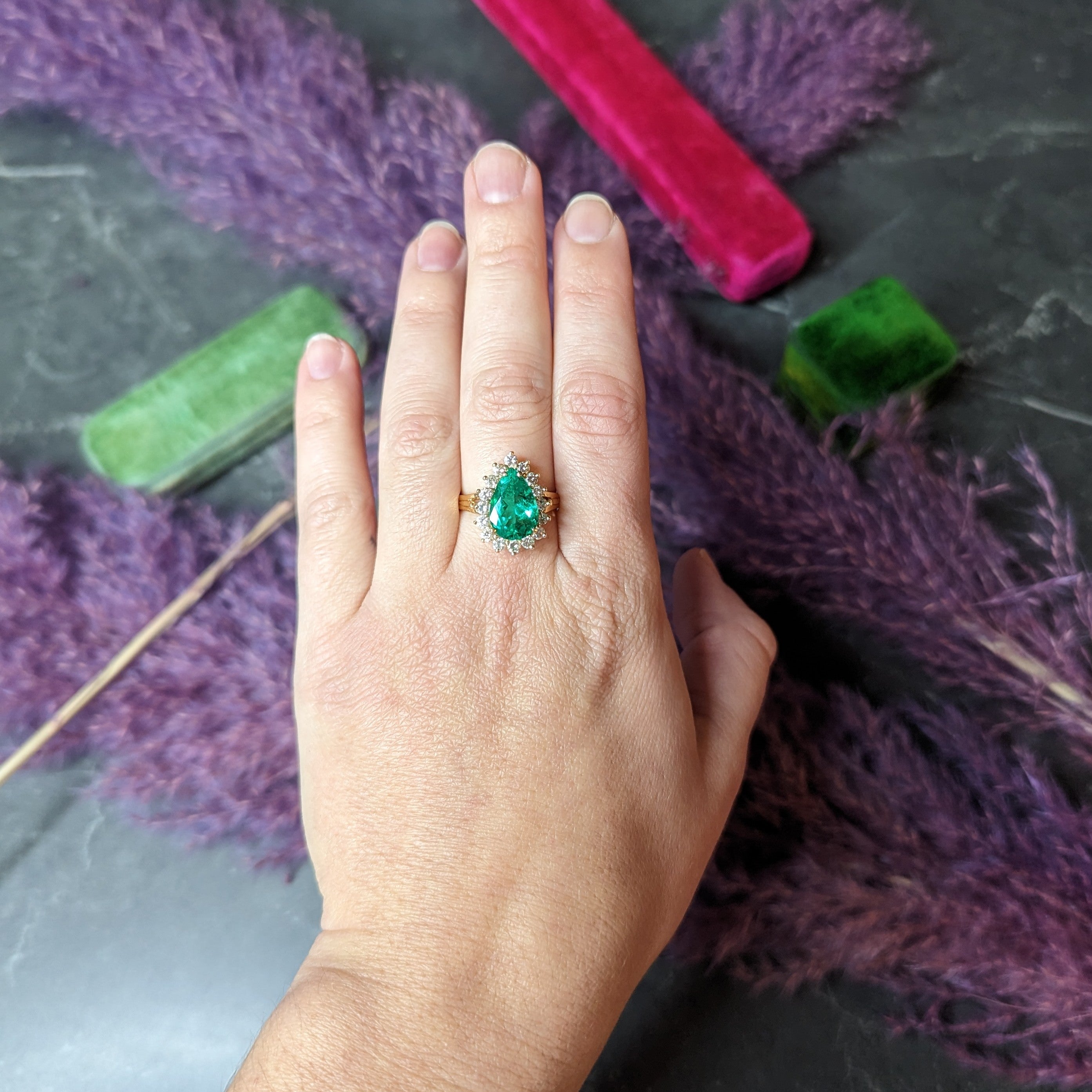 Vintage 4.34 CTW Pear Cut Columbian Emerald Diamond 14 Karat Yellow Gold Halo Ring GIA Wilson's Estate Jewelry