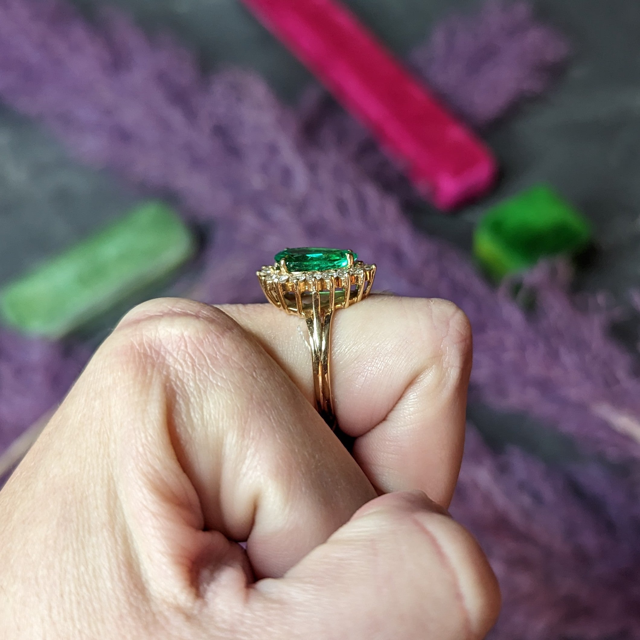 Vintage 4.34 CTW Pear Cut Columbian Emerald Diamond 14 Karat Yellow Gold Halo Ring GIA Wilson's Estate Jewelry