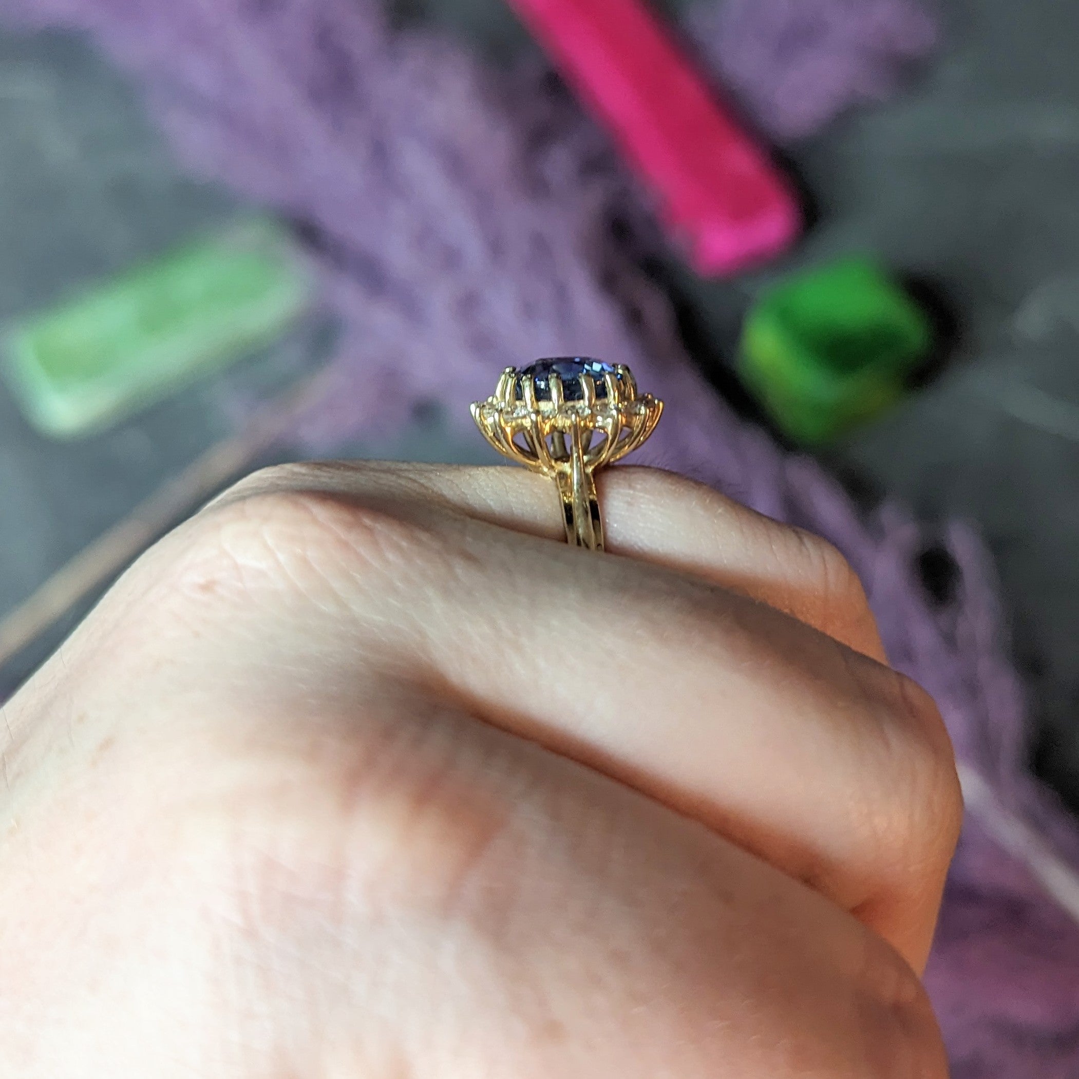 Vintage 5.18 CTW Cushion Cut Sapphire Diamond 14 Karat Yellow Gold Vintage Halo Ring Wilson's Estate Jewelry