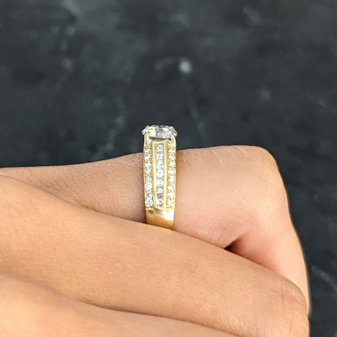 1.50 CTW Old European Cut Diamond 18 Karat Two-Tone Gold Unisex Channel Engagement Ring Wilson's Estate Jewelry