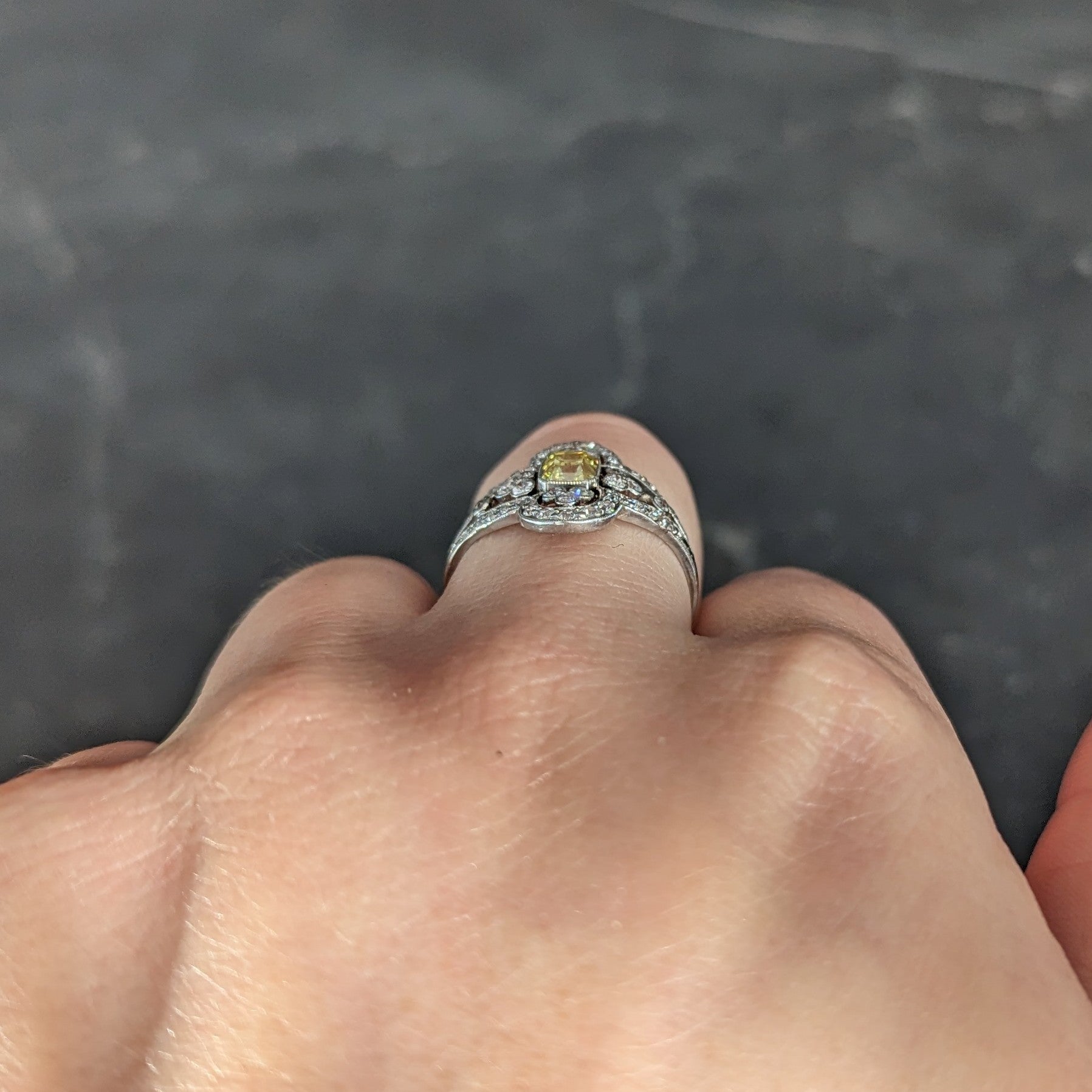 Edwardian 1.17 CTW Emerald Cut Fancy Yellow Diamond Platinum Quatrefoil Antique Dinner Ring Wilson's Estate Jewelry