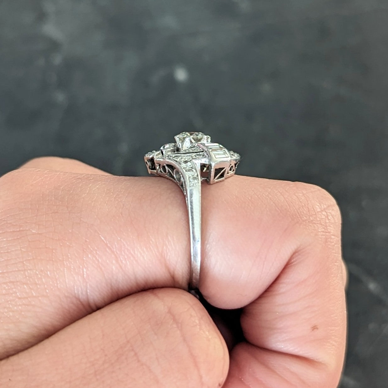 Mid-Century 1.33 CTW Old European Cut Diamond Platinum Swirl Bypass Ring Wilson's Estate Jewelry