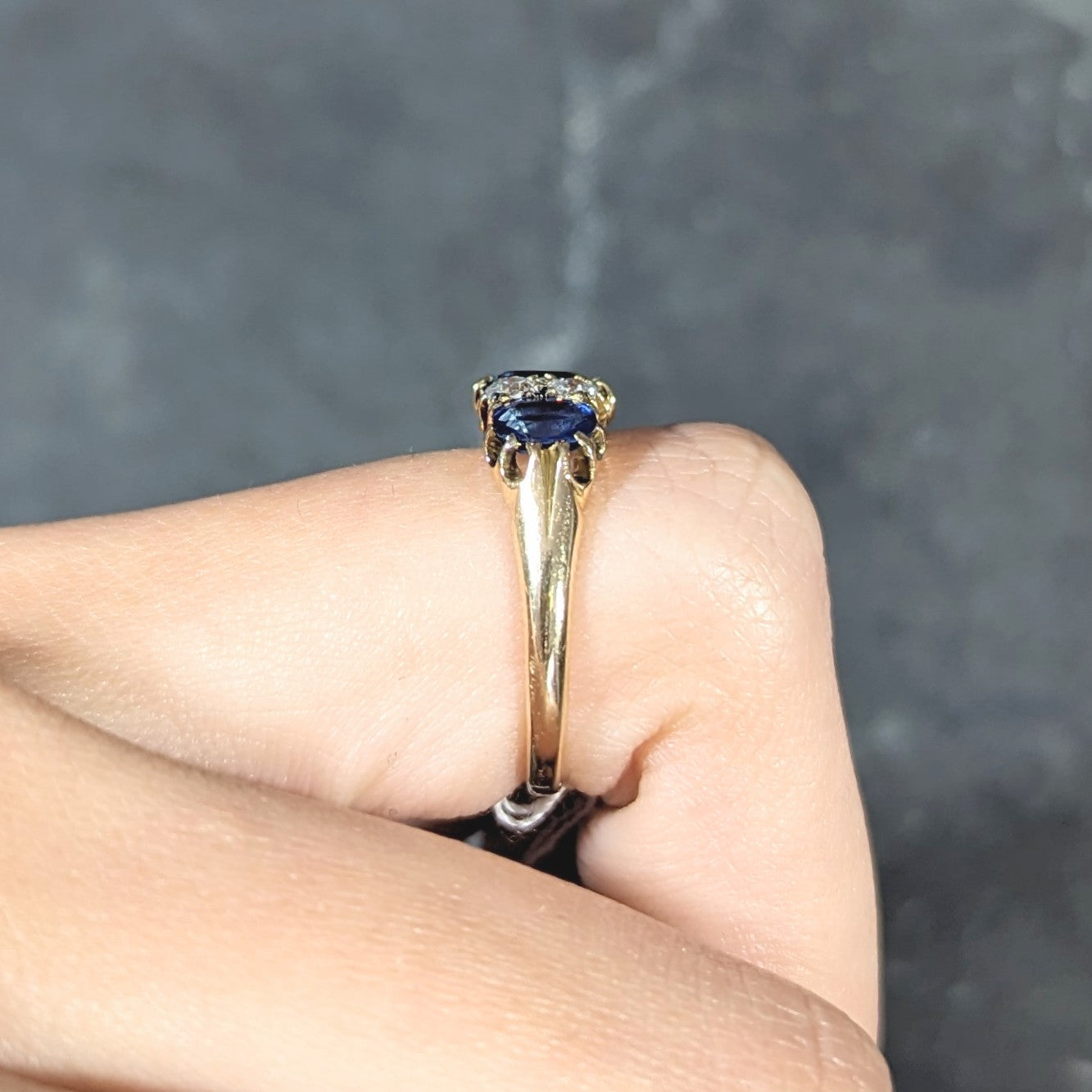 Victorian 2.10 CTW Cushion Cut Sapphire Old European Cut Diamond 18 Karat Yellow Gold Antique Band Ring Wilson's Estate Jewelry