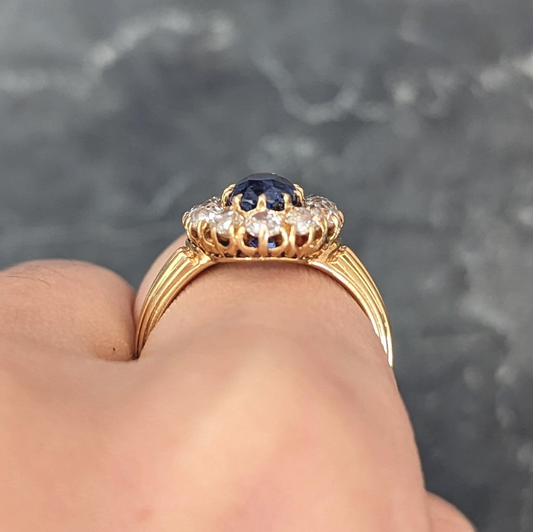 1867 Victorian 4.16 CTW Oval Cut No Heat Ceylon Sapphire Old Mine Cut Diamond 18 Karat Yellow Gold Antique Halo Ring GIA Wilson's Estate Jewelry