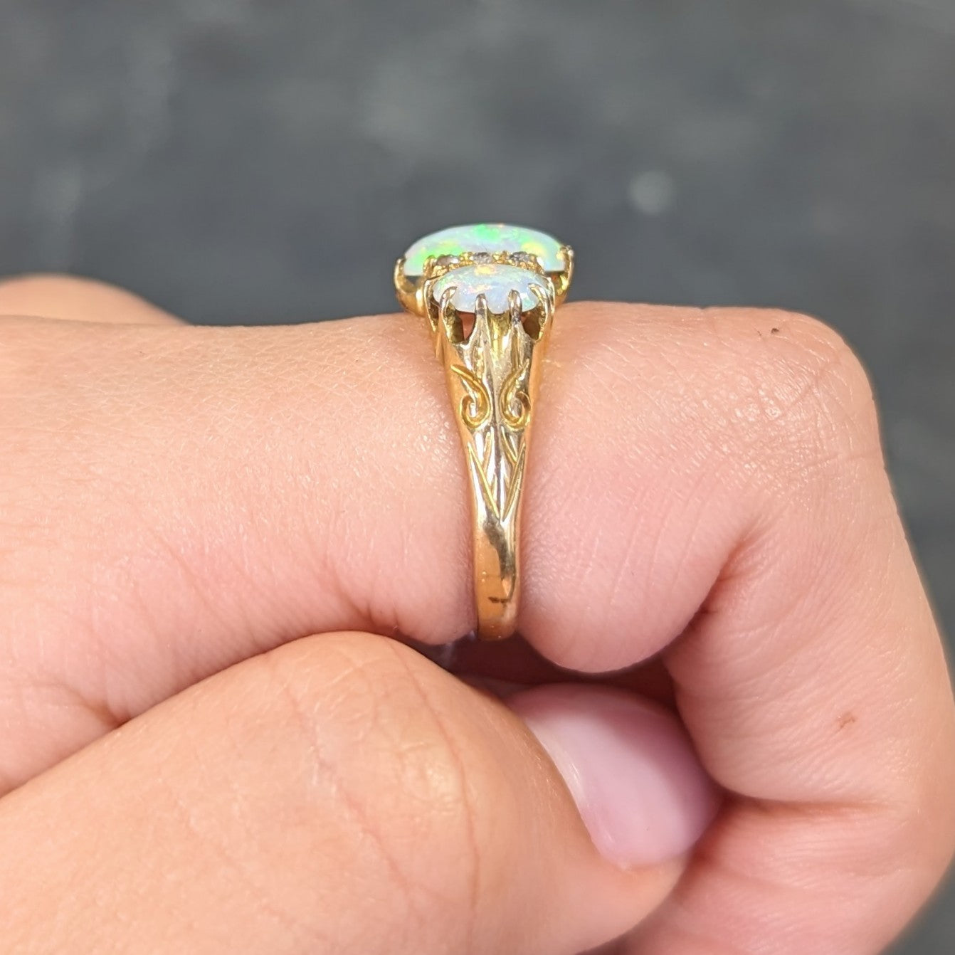 Victorian British Opal Cabochon Diamond 18 Karat Yellow Gold Belcher Three Stone Antique Ring Wilson's Estate Jewelry