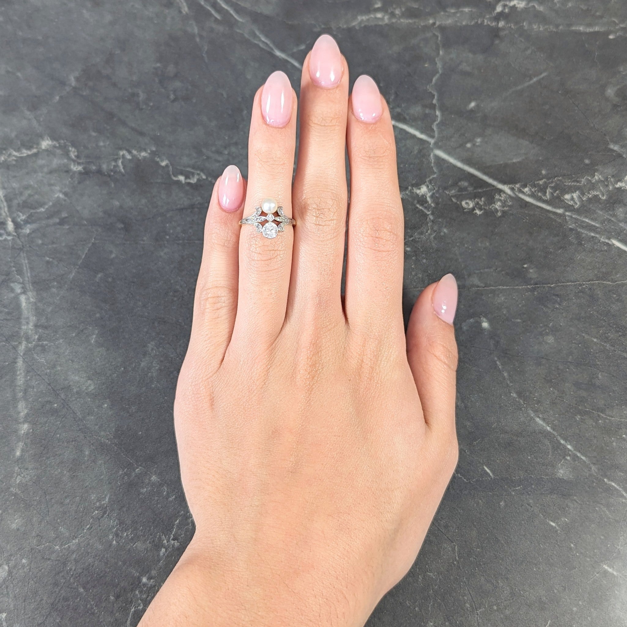 Edwardian Old European Cut Diamond Natural Pearl Platinum-Topped 18 Karat Yellow Gold Fleur-De-Lis Antique Ring Wilson's Estate Jewelry