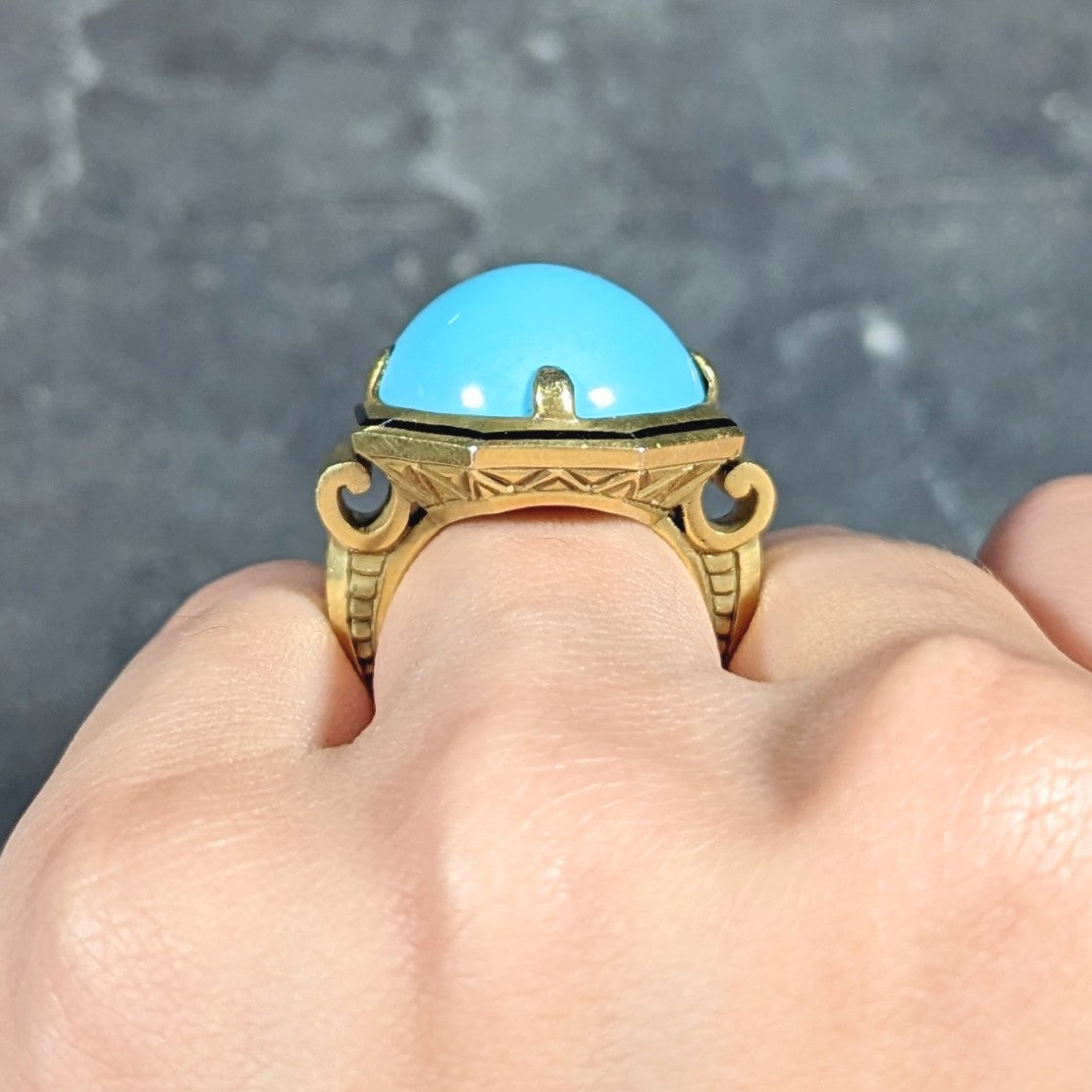 Victorian Turquoise Cabochon Enamel 14 Karat Green Gold Antique Statement Ring Wilson's Estate Jewelry