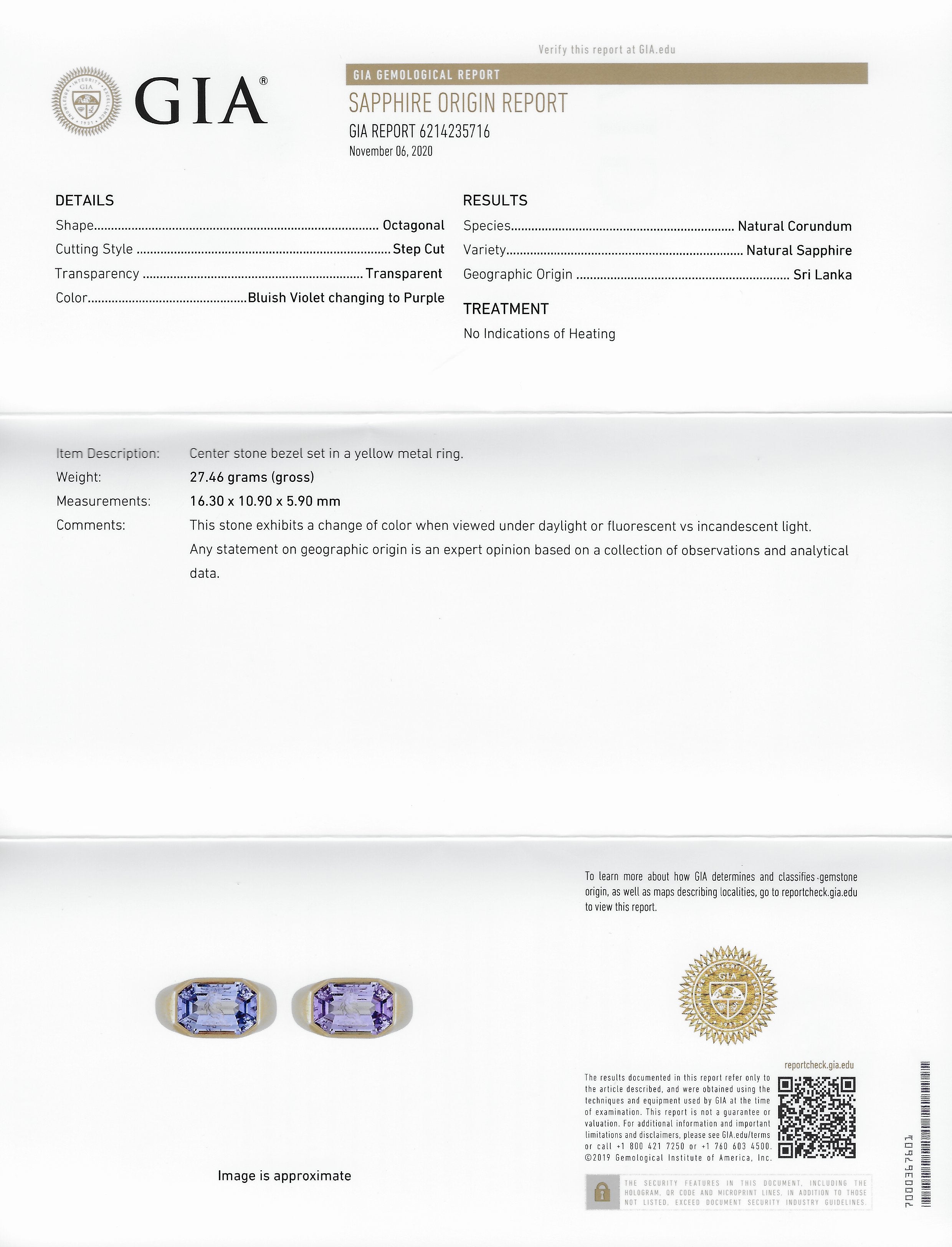 Substantial 13.10 CTW Color-Change No Heat Sapphire Intaglio 22 Karat Gold Signet Ring GIARing - Wilson's Estate Jewelry