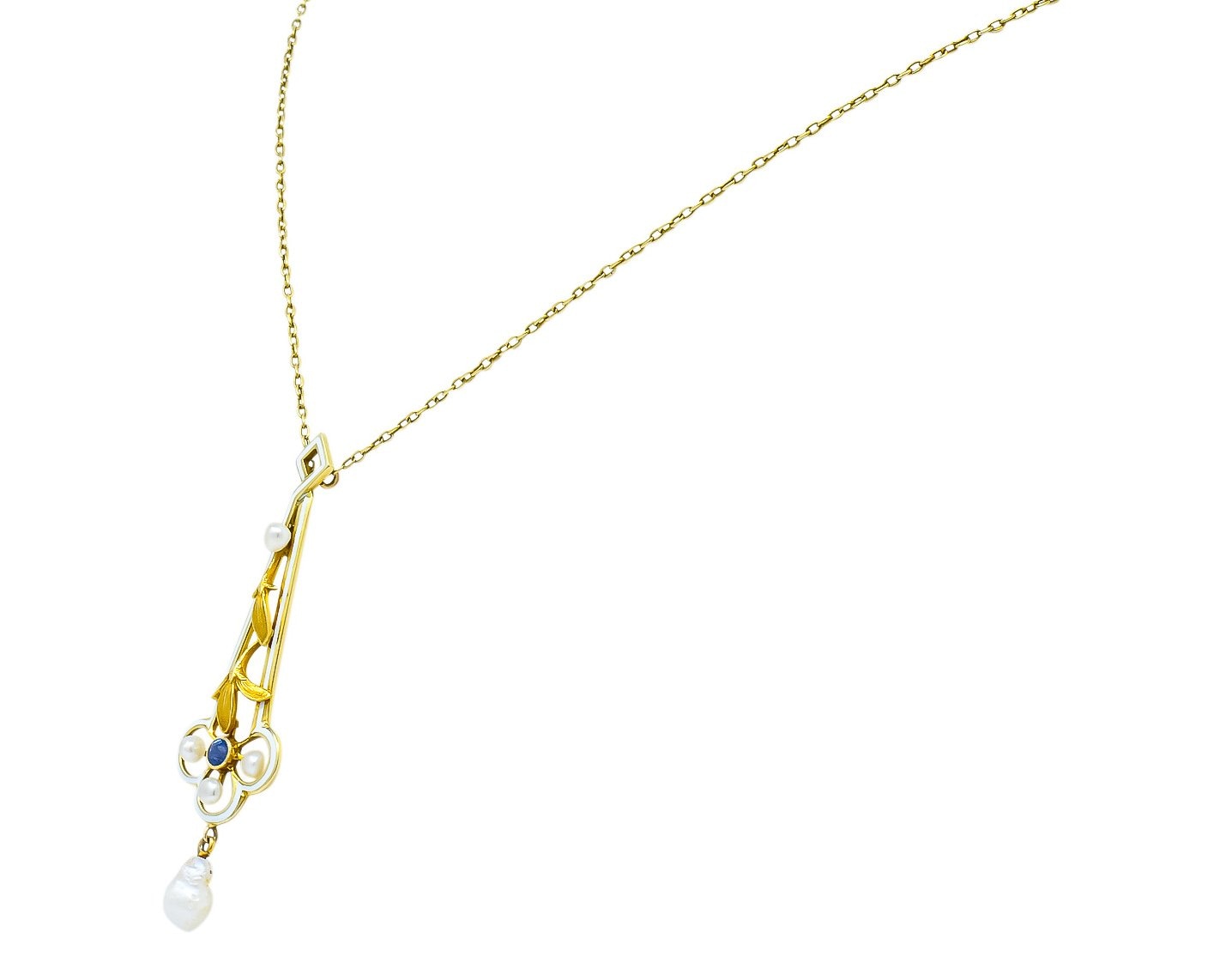 A.J. Hedges & Co. 1905 Art Nouveau Enamel Sapphire Pearl 14 Karat Gold Drop Necklace - Wilson's Estate Jewelry