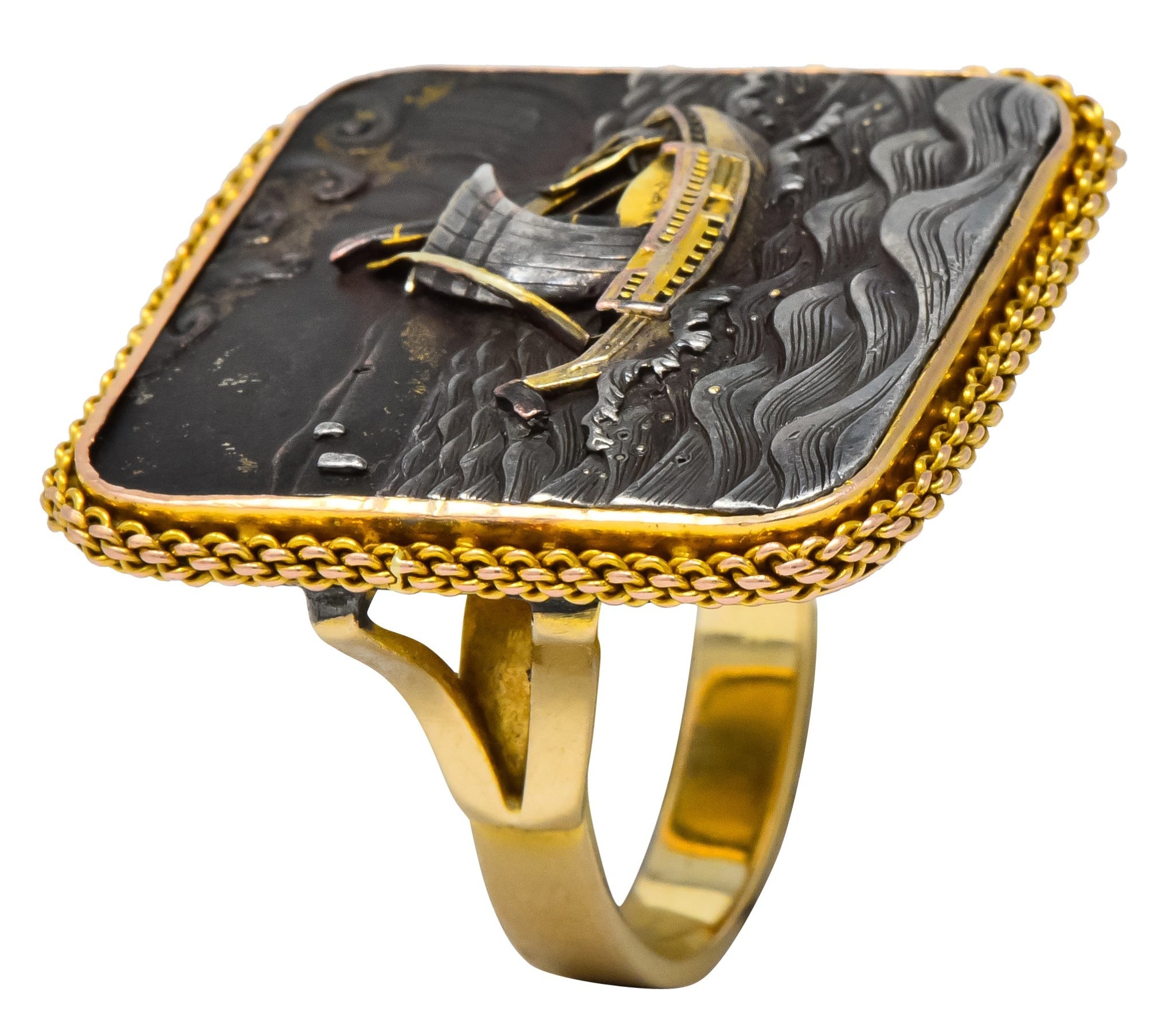 Antique Victorian 14 Karat Gold Copper Shakudō Ocean Ship Ring - Wilson's Estate Jewelry