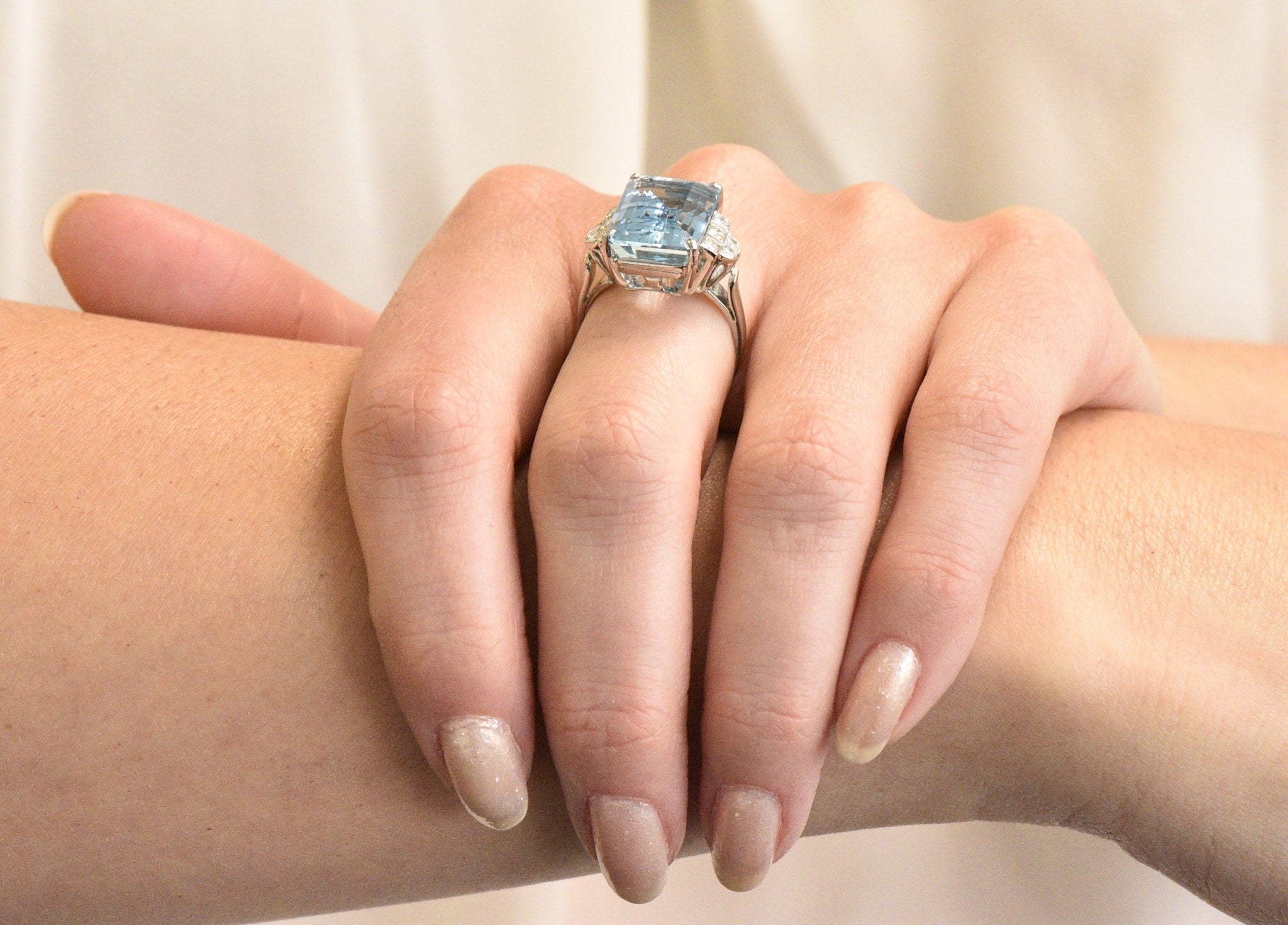 Art Deco 7.75 CTW Aquamarine Diamond Platinum Cocktail Ring Wilson's Estate Jewelry