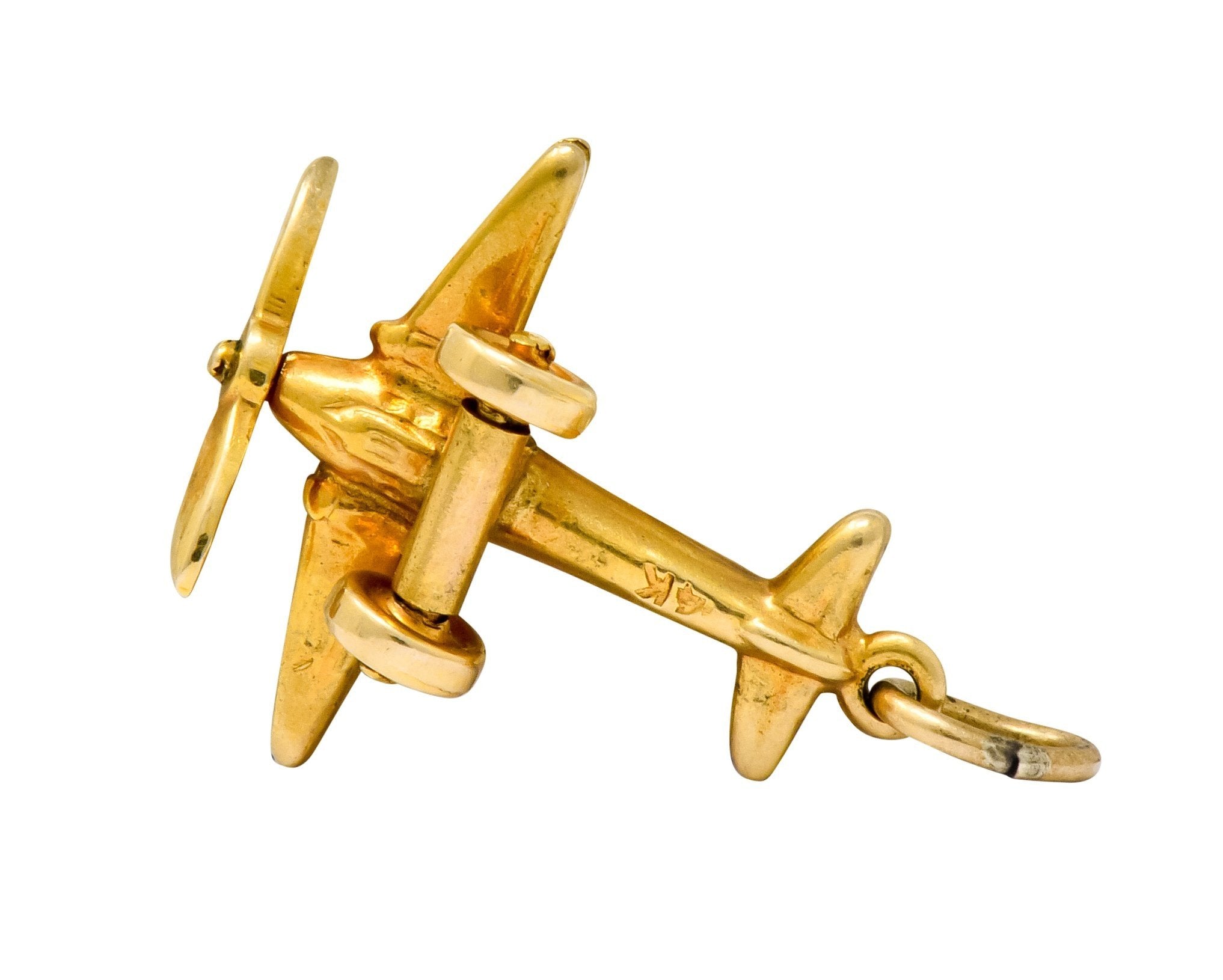 Art Deco Articulated 14 Karat Gold Propeller Plane Charm Circa 1930 - Wilson's Estate Jewelry