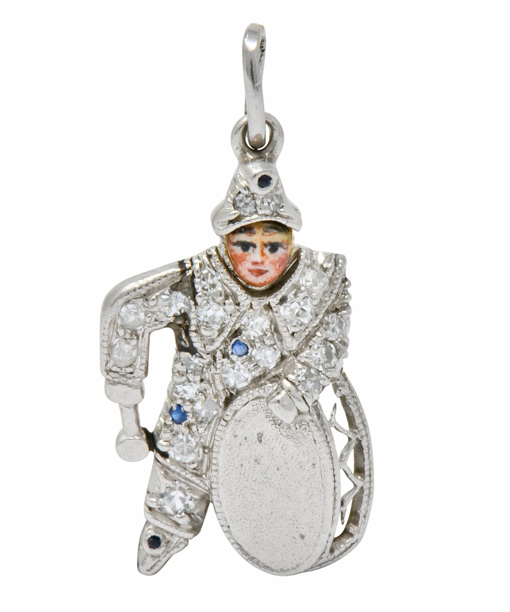 Art Deco Diamond Enamel Sapphire Platinum Drummer Boy Charm - Wilson's Estate Jewelry