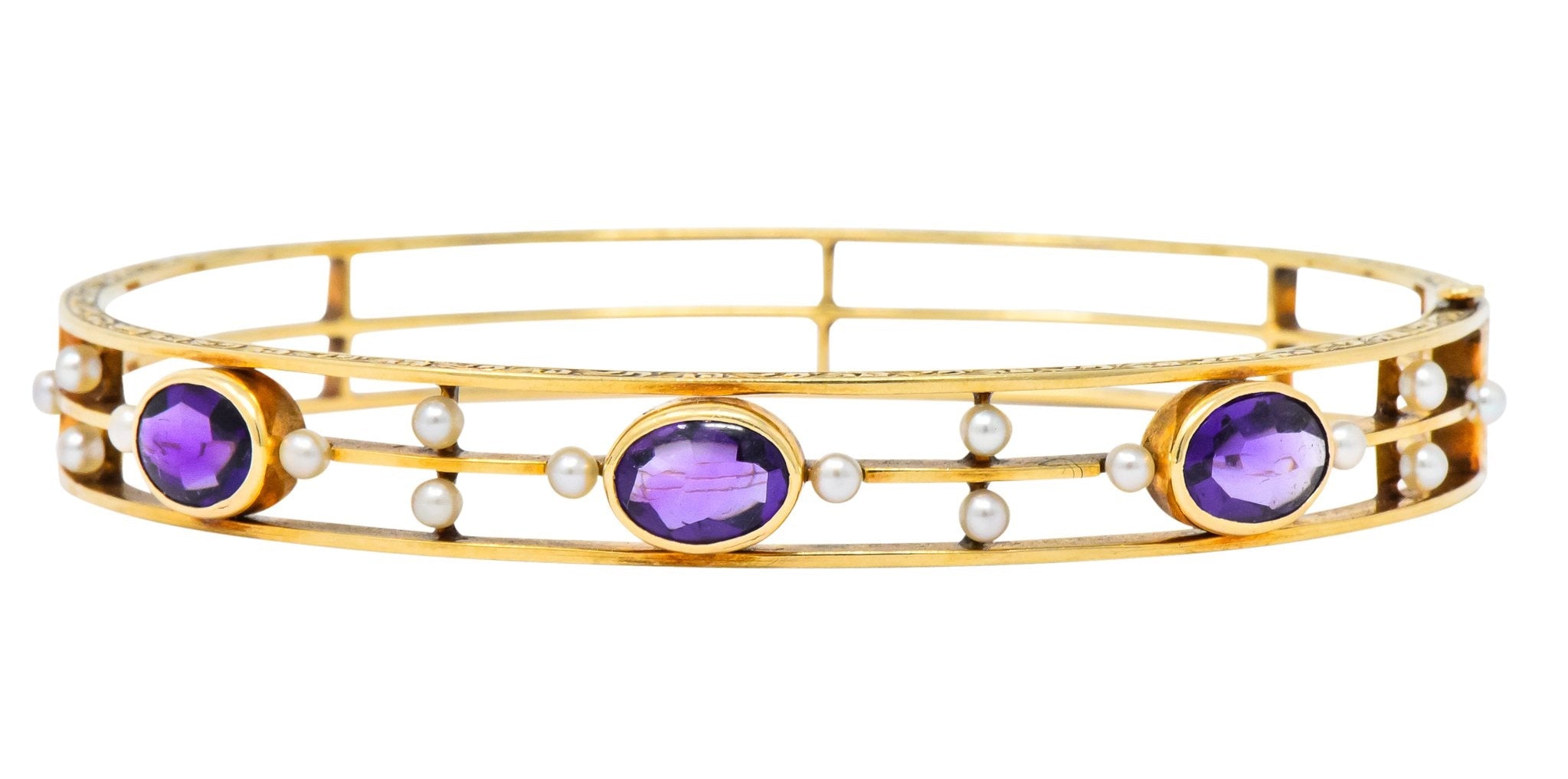 Art Nouveau Amethyst Pearl 14 Karat Gold Bangle Bracelet - Wilson's Estate Jewelry