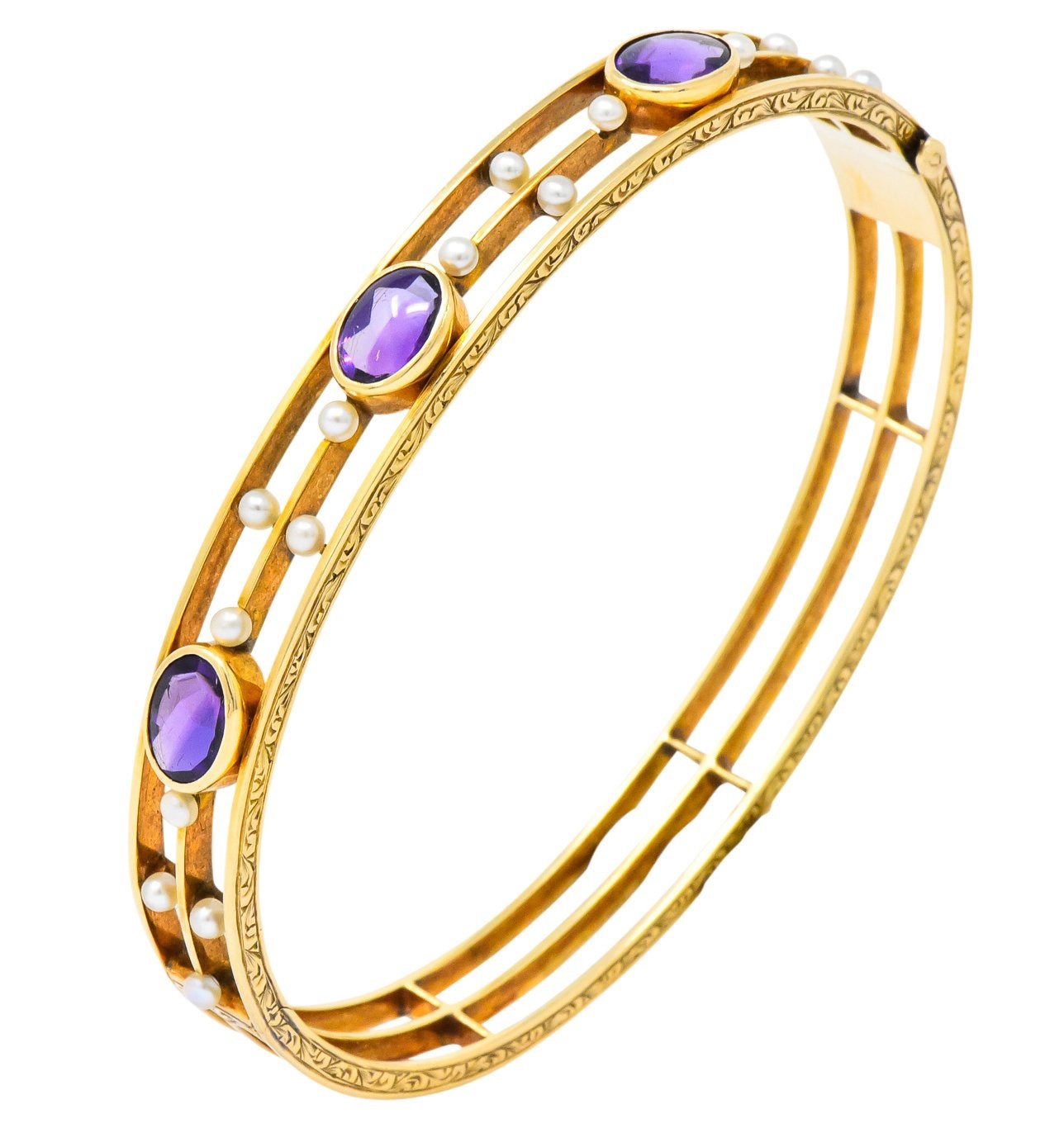 Art Nouveau Amethyst Pearl 14 Karat Gold Bangle Bracelet - Wilson's Estate Jewelry