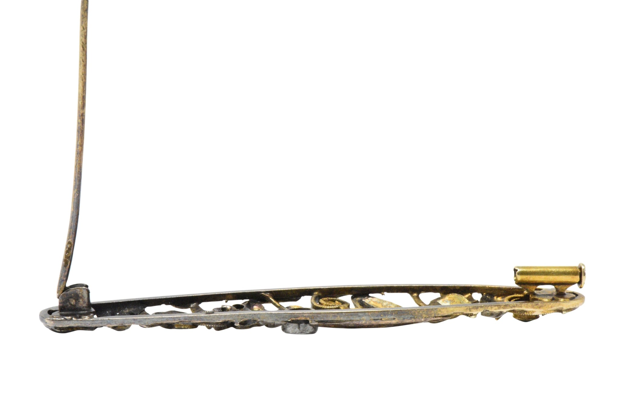 Art Nouveau Diamond, Emerald & Pearl 14K Tri-Color Gold Bar Brooch Wilson's Estate Jewelry