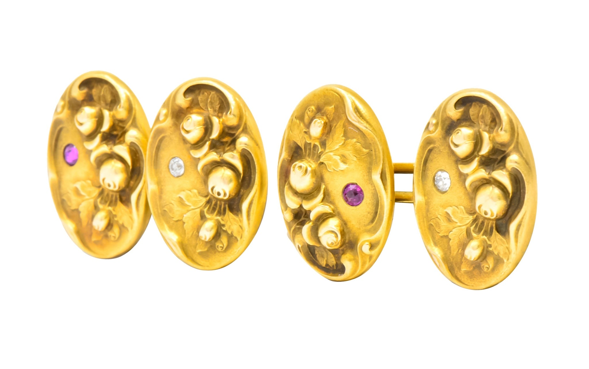 Art Nouveau Diamond Ruby 14 Karat Gold Floral Cufflinks - Wilson's Estate Jewelry