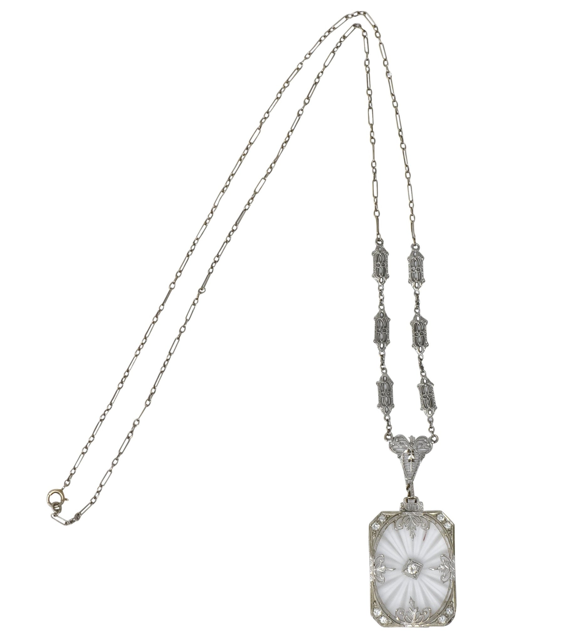 Balogh Art Deco Camphor Glass Diamond 14 Karat White Gold Necklace - Wilson's Estate Jewelry