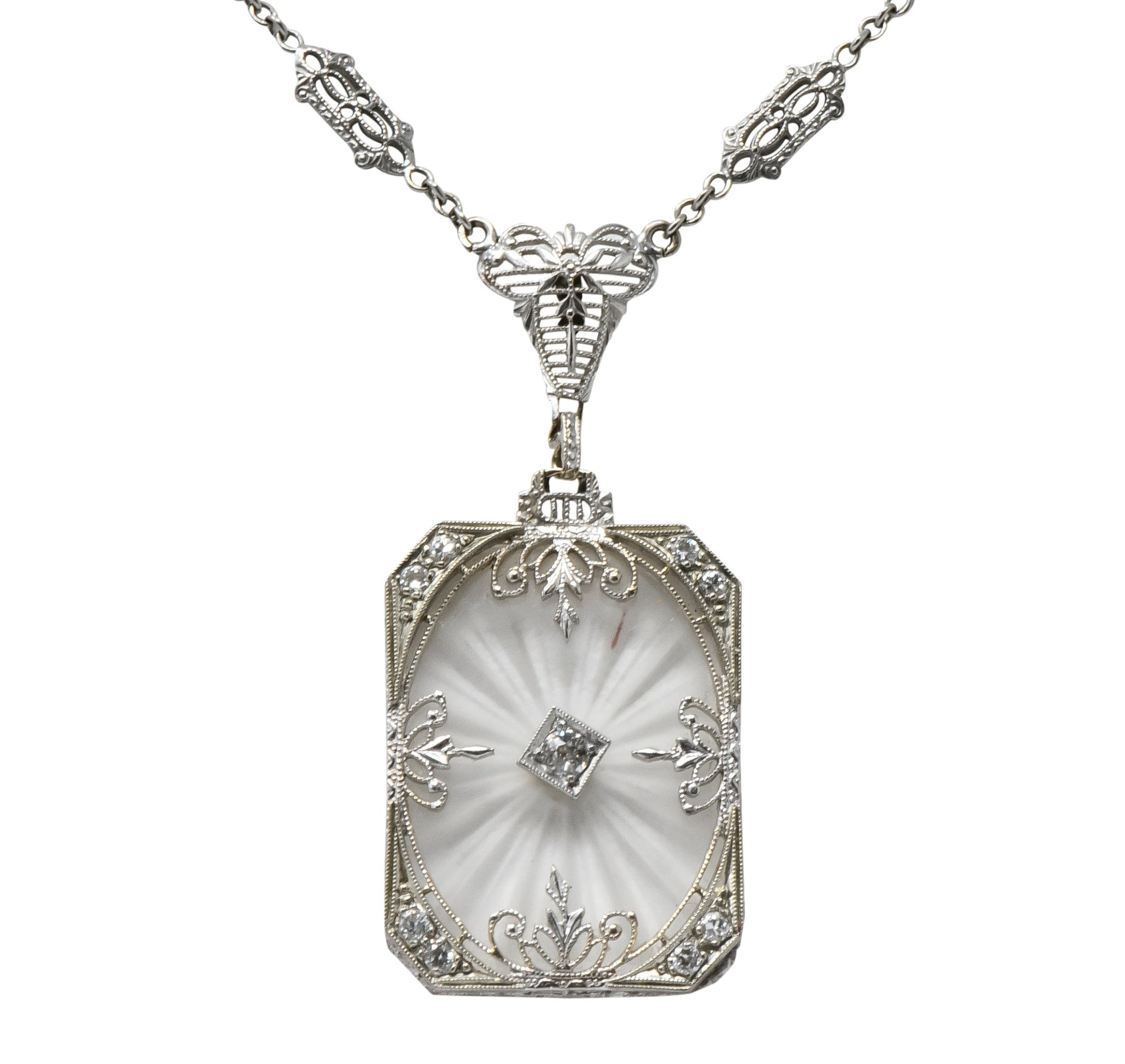 Balogh Art Deco Camphor Glass Diamond 14 Karat White Gold Necklace - Wilson's Estate Jewelry