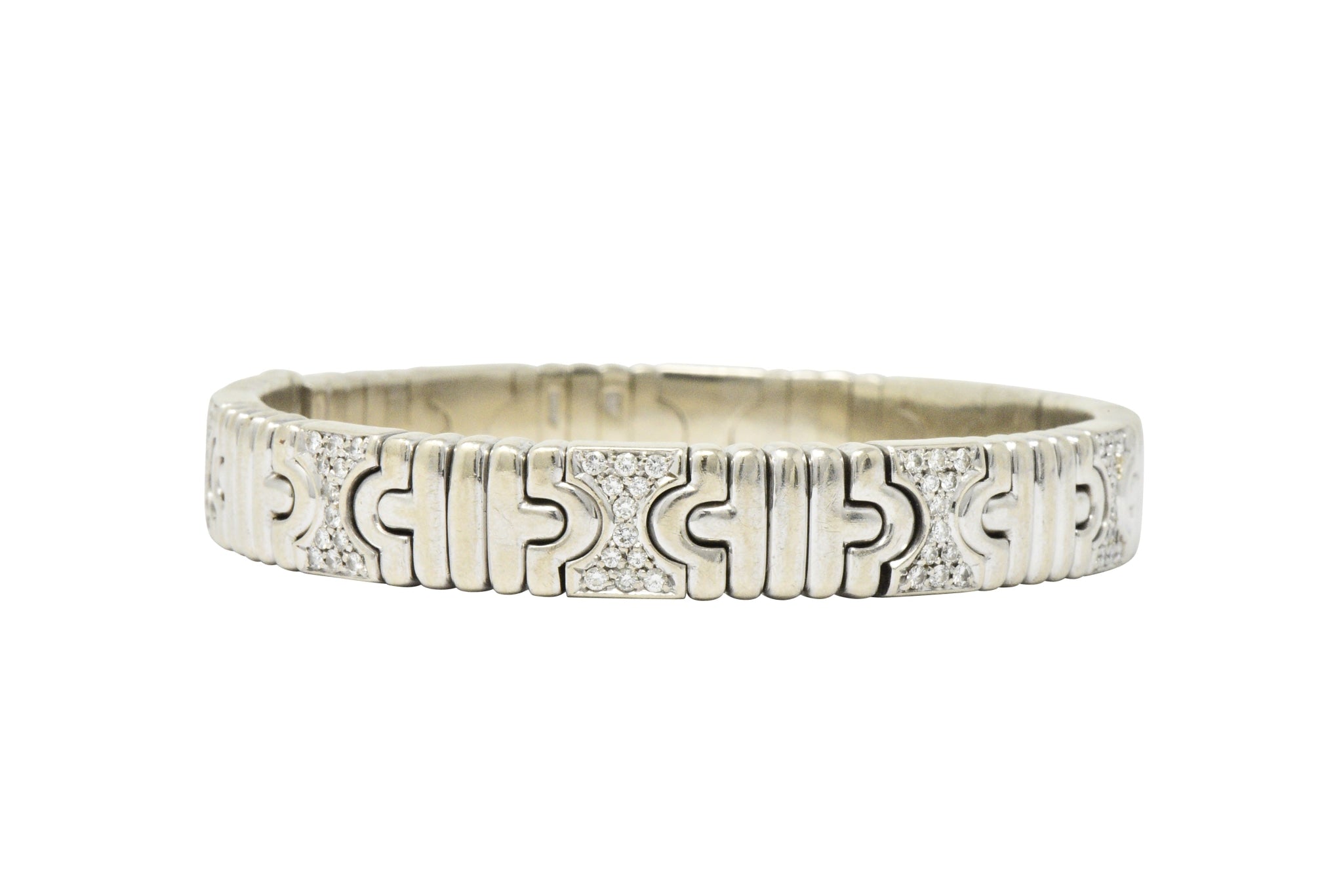Bulgari Contemporary 1.20 CTW Diamond 18 Karat White Gold Parentesi Cuff Bracelet Wilson's Estate Jewelry