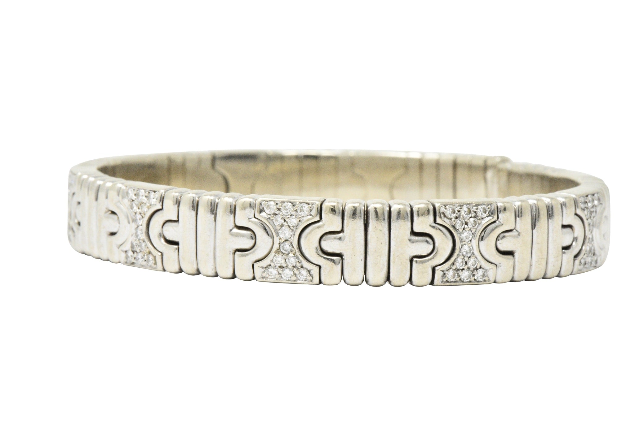 Bulgari Contemporary 1.20 CTW Diamond 18 Karat White Gold Parentesi Cuff Bracelet Wilson's Estate Jewelry