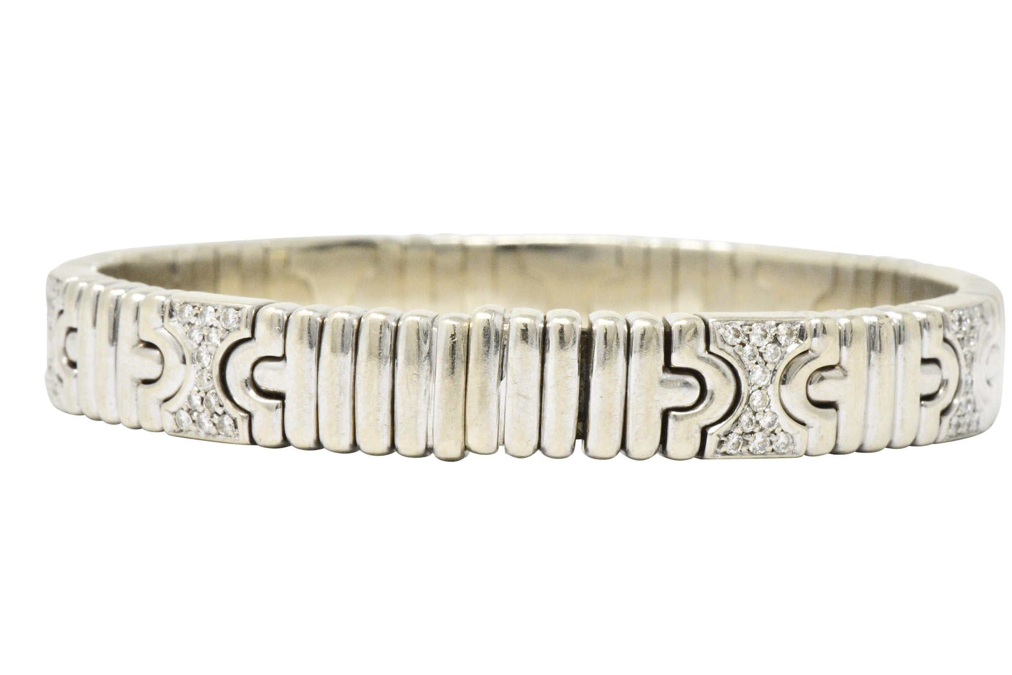 Bulgari Contemporary 1.20 CTW Diamond 18 Karat White Gold Parentesi Cuff Bracelet Wilson's Estate Jewelry