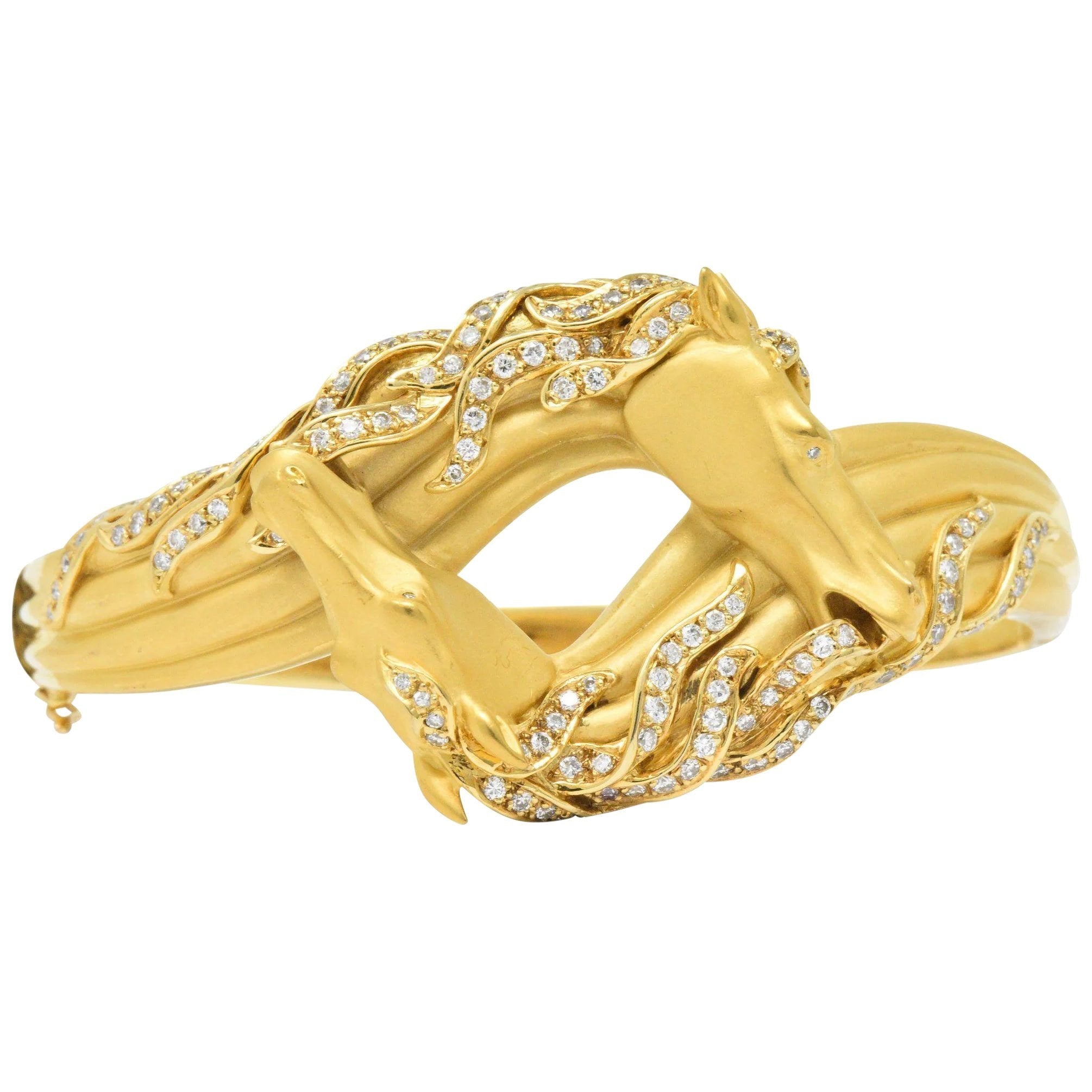 Carrera Y Carrera Ecuestre 1.45 CTW Diamond 18 Karat Horse Gold Bangle Bracelet Wilson's Estate Jewelry