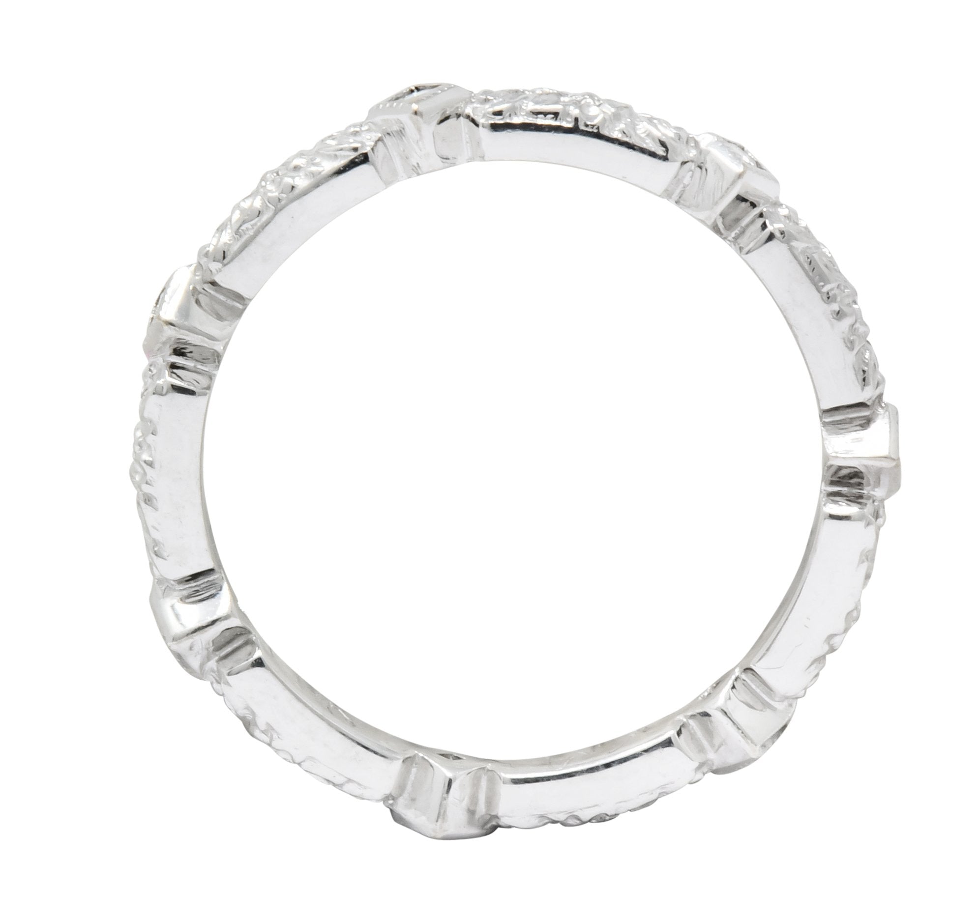 Contemporary Checkerboard French Cut Diamond 14 Karat White Gold Floral Band Ring - Wilson's Estate Jewelry