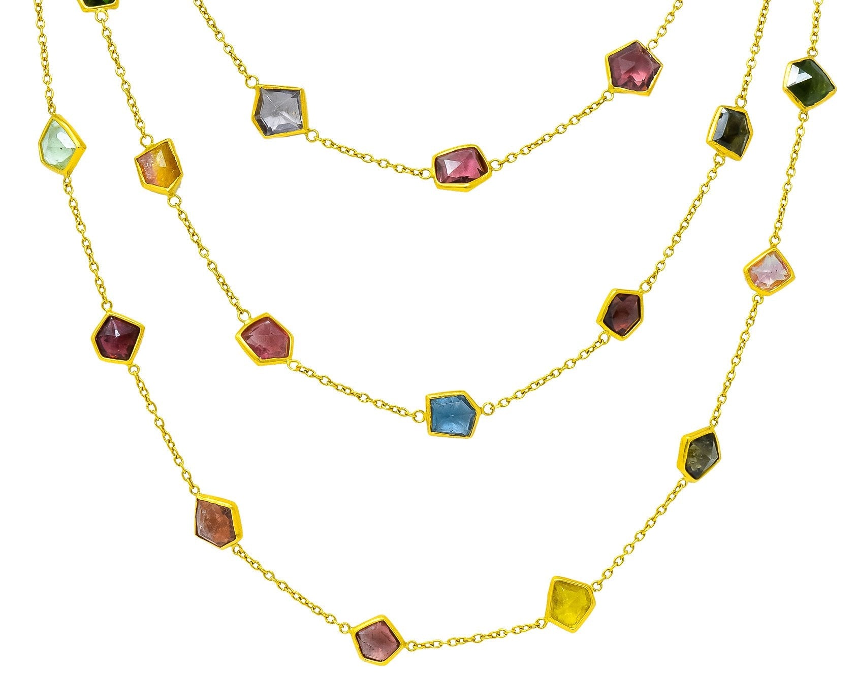 Contemporary Fancy Colored Tourmaline 18 Karat Yellow Gold Long Station Necklace - Wilson's Estate Jewelry