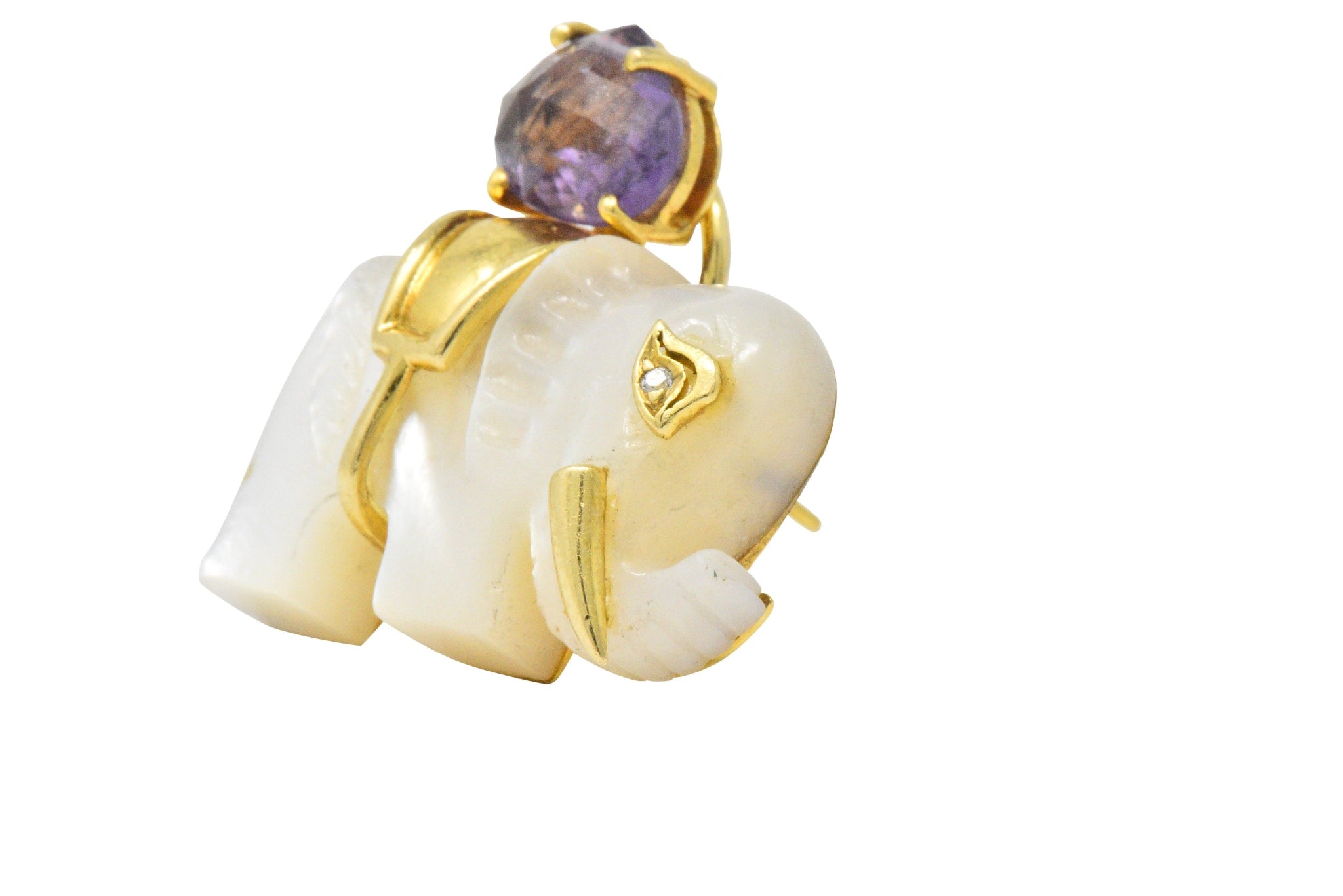 Contemporary Mother-Of-Pearl Amethyst Diamond 18 Karat Gold Elephant Earrings Wilson's Estate Jewelry