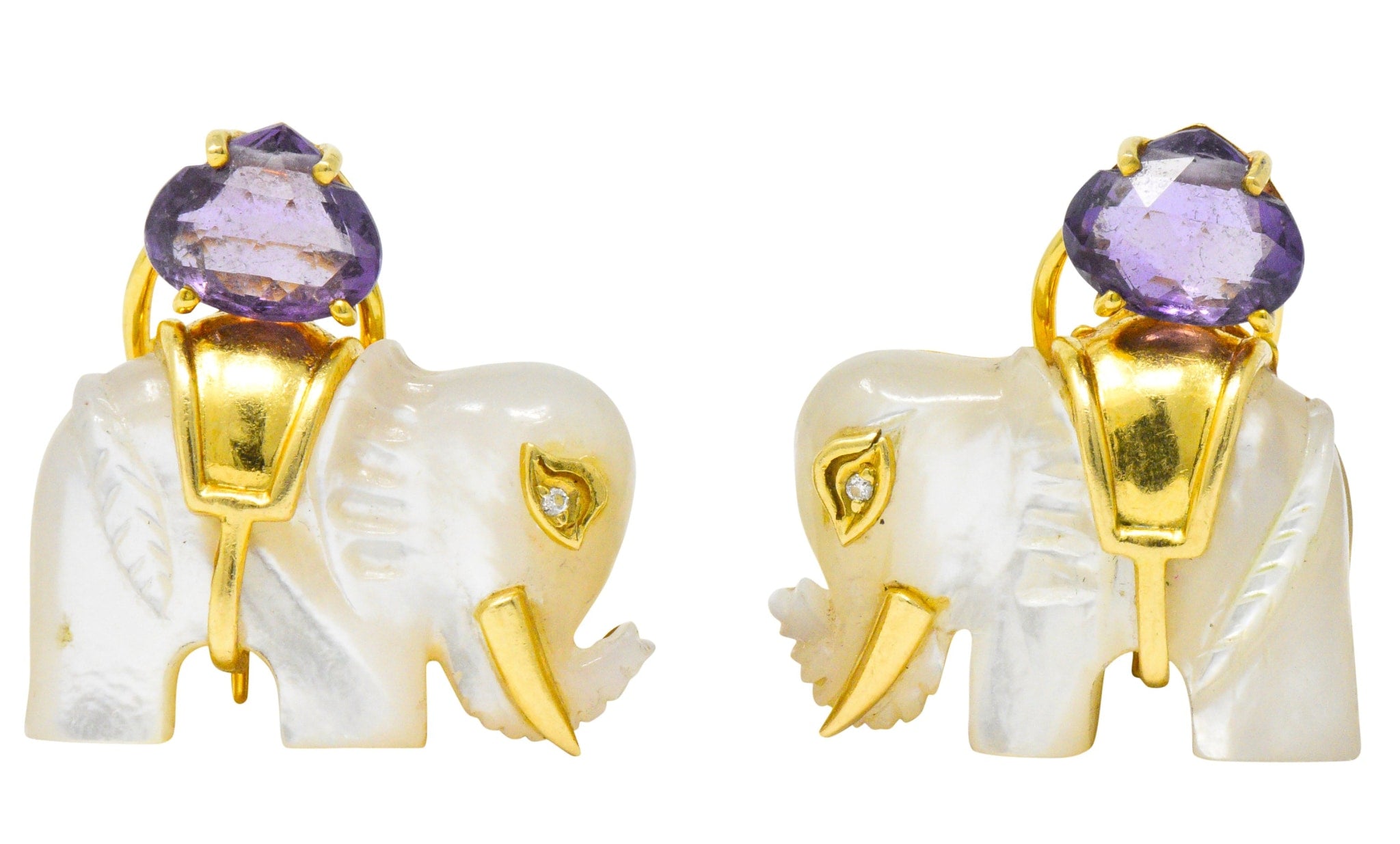 Contemporary Mother-Of-Pearl Amethyst Diamond 18 Karat Gold Elephant Earrings Wilson's Estate Jewelry