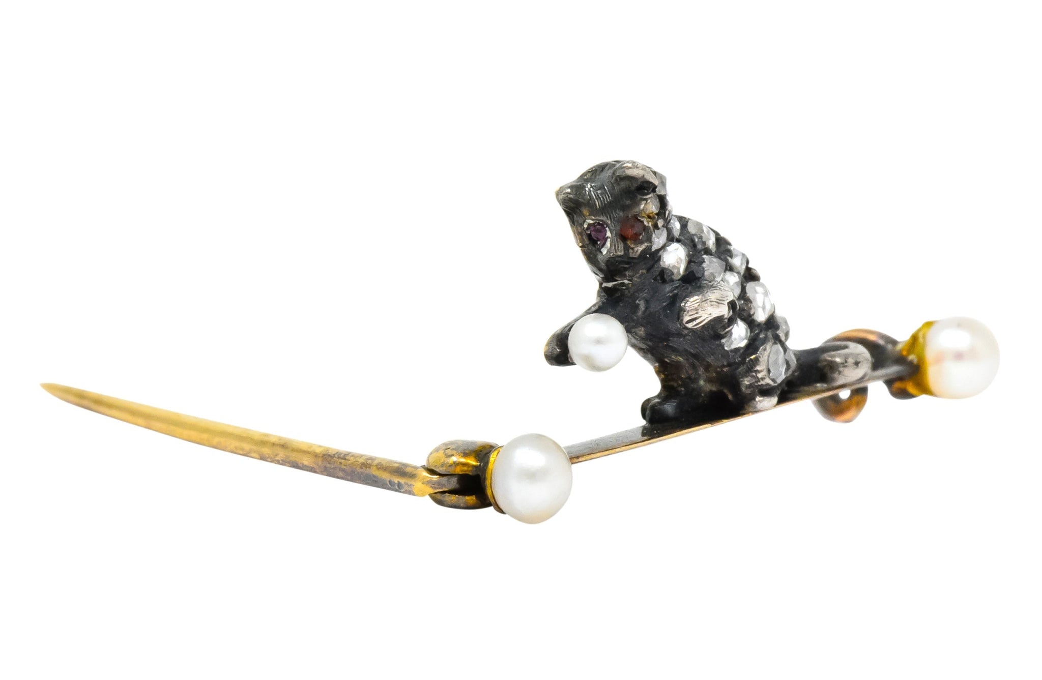 Early Victorian Diamond Pearl Silver-Topped 18 Karat Gold Cat / Kitten Brooch - Wilson's Estate Jewelry