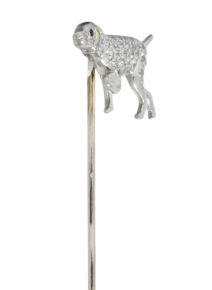 Edwardian 0.50 CTW Diamond Ruby Platinum White Gold English Pointer Dog Stickpin - Wilson's Estate Jewelry