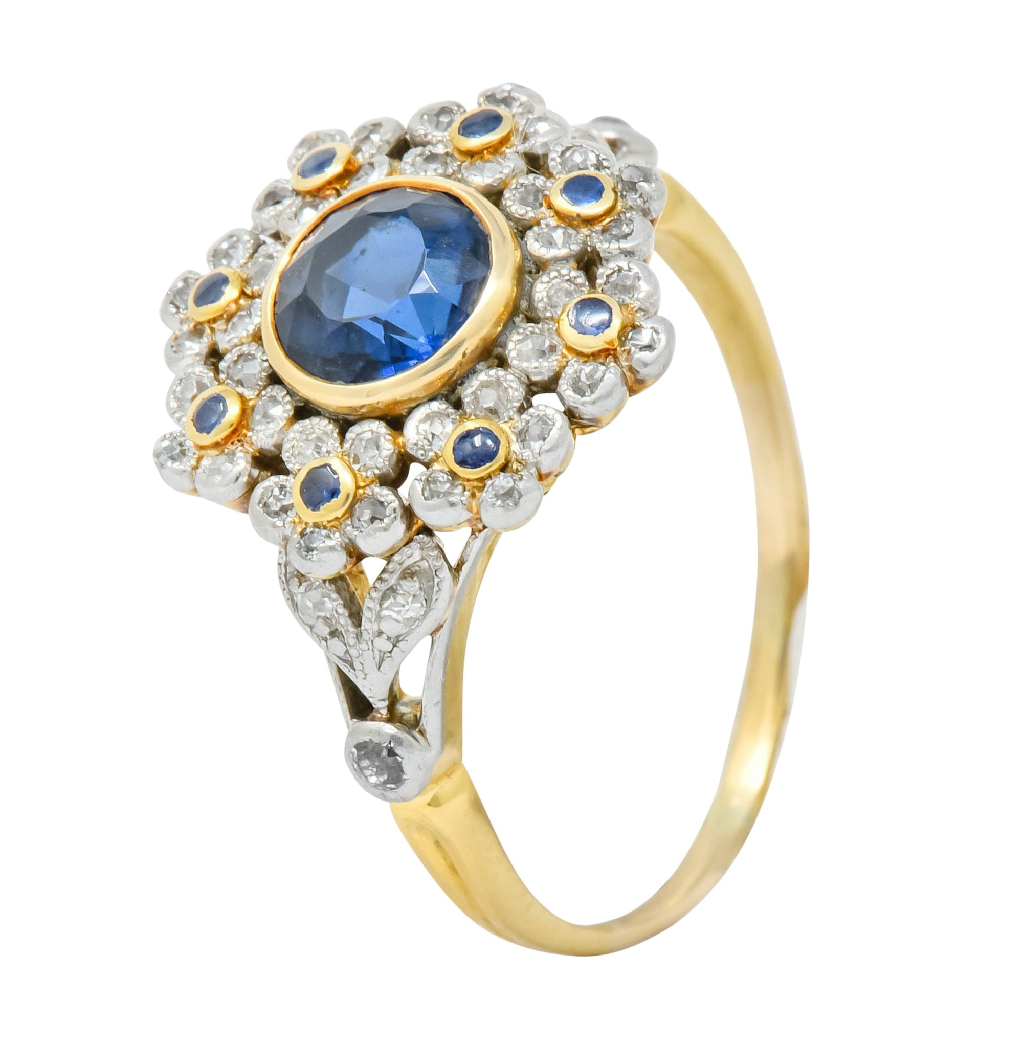 Edwardian 1.85 CTW No Heat Sapphire Diamond Platinum 18 Karat Gold Floral Cluster Ring GIA - Wilson's Estate Jewelry