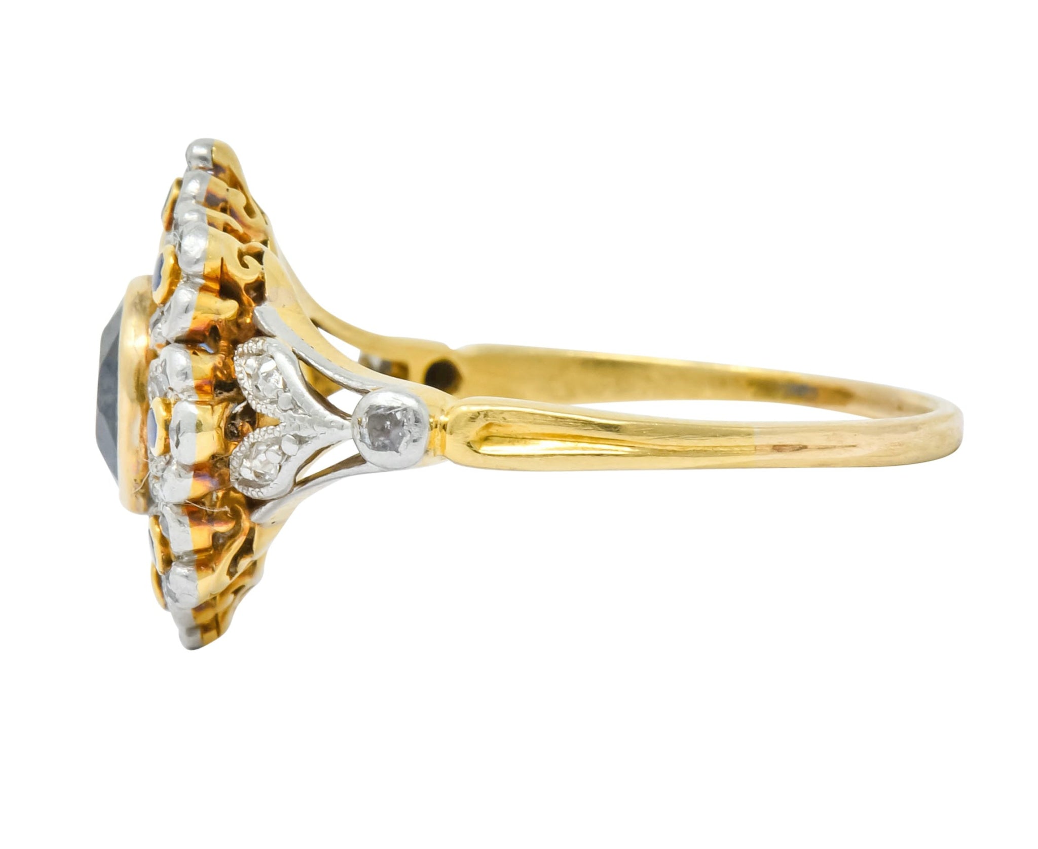Edwardian 1.85 CTW No Heat Sapphire Diamond Platinum 18 Karat Gold Floral Cluster Ring GIA - Wilson's Estate Jewelry