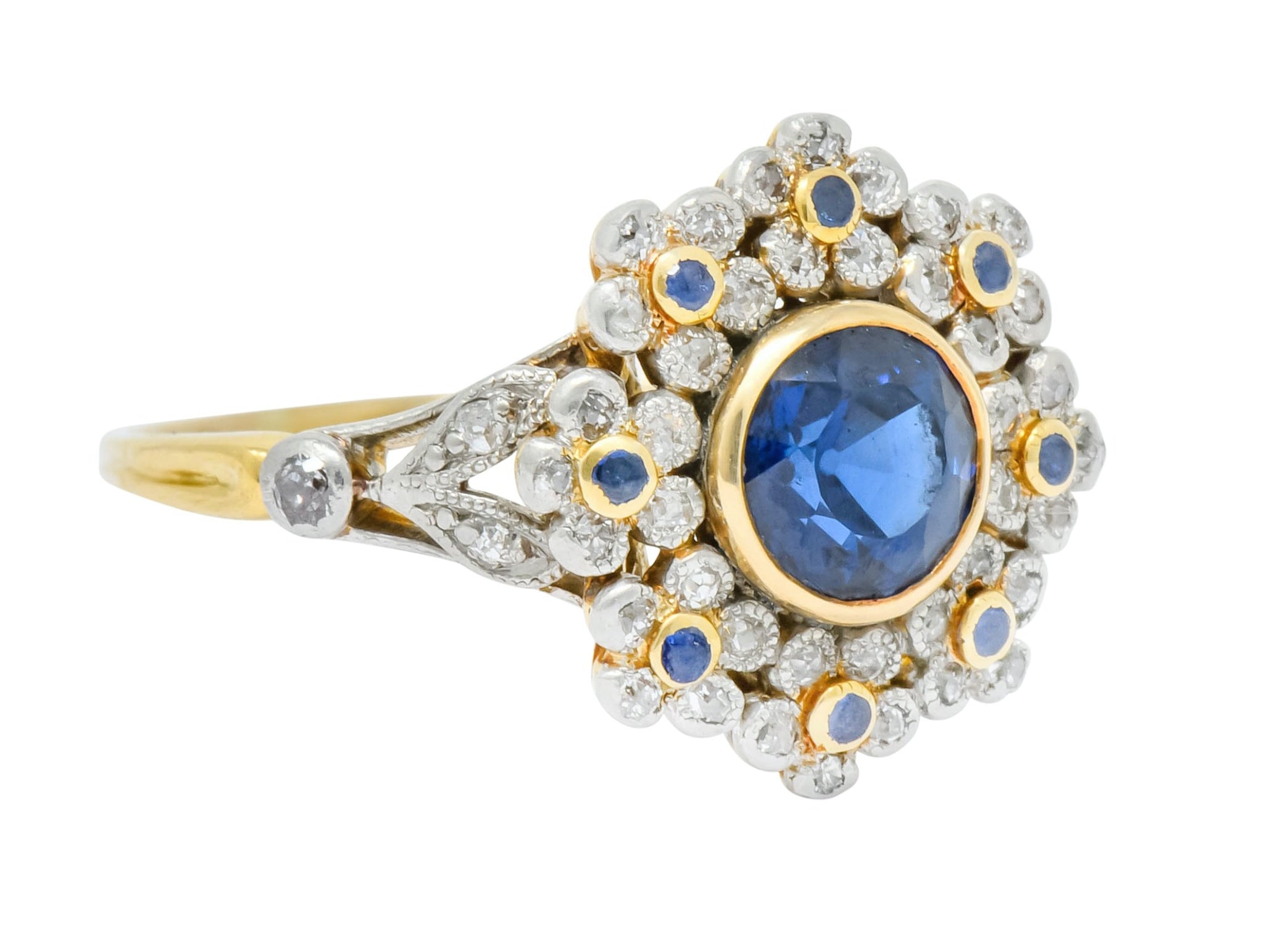 Edwardian 1.85 CTW No Heat Sapphire Diamond Platinum 18 Karat Gold Floral Cluster Ring GIA - Wilson's Estate Jewelry